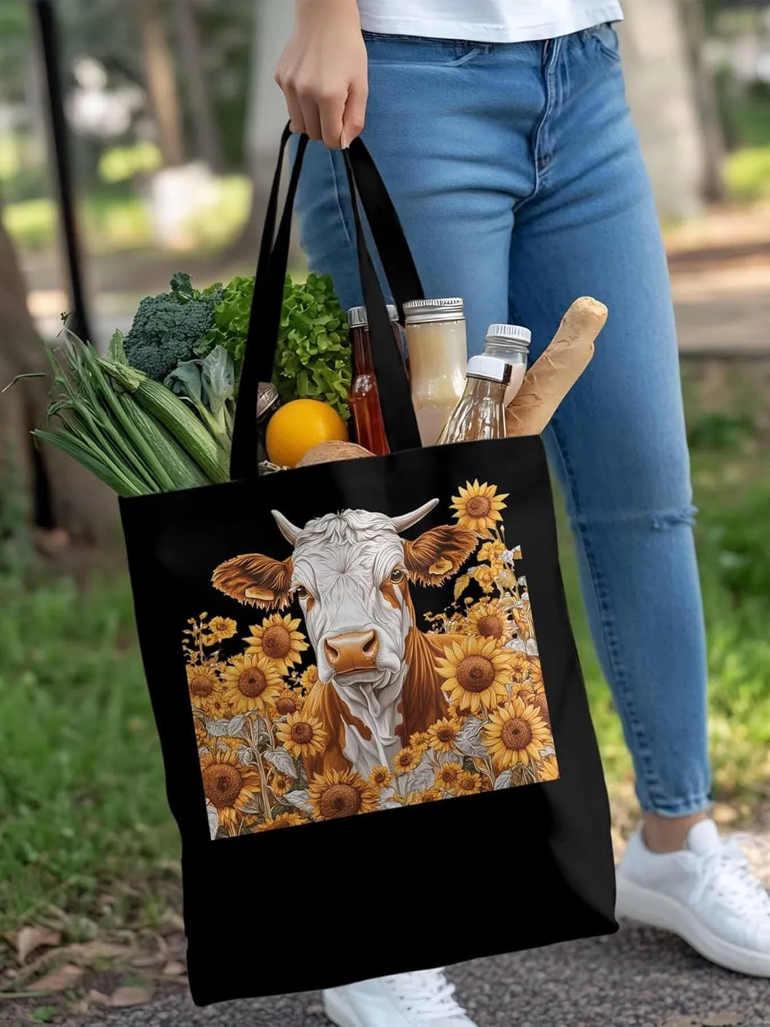 Canvas Tote Bag, Vintage Cow Sunflower Aesthetic Canvas Tote Handbags for Women Shoulder Bag