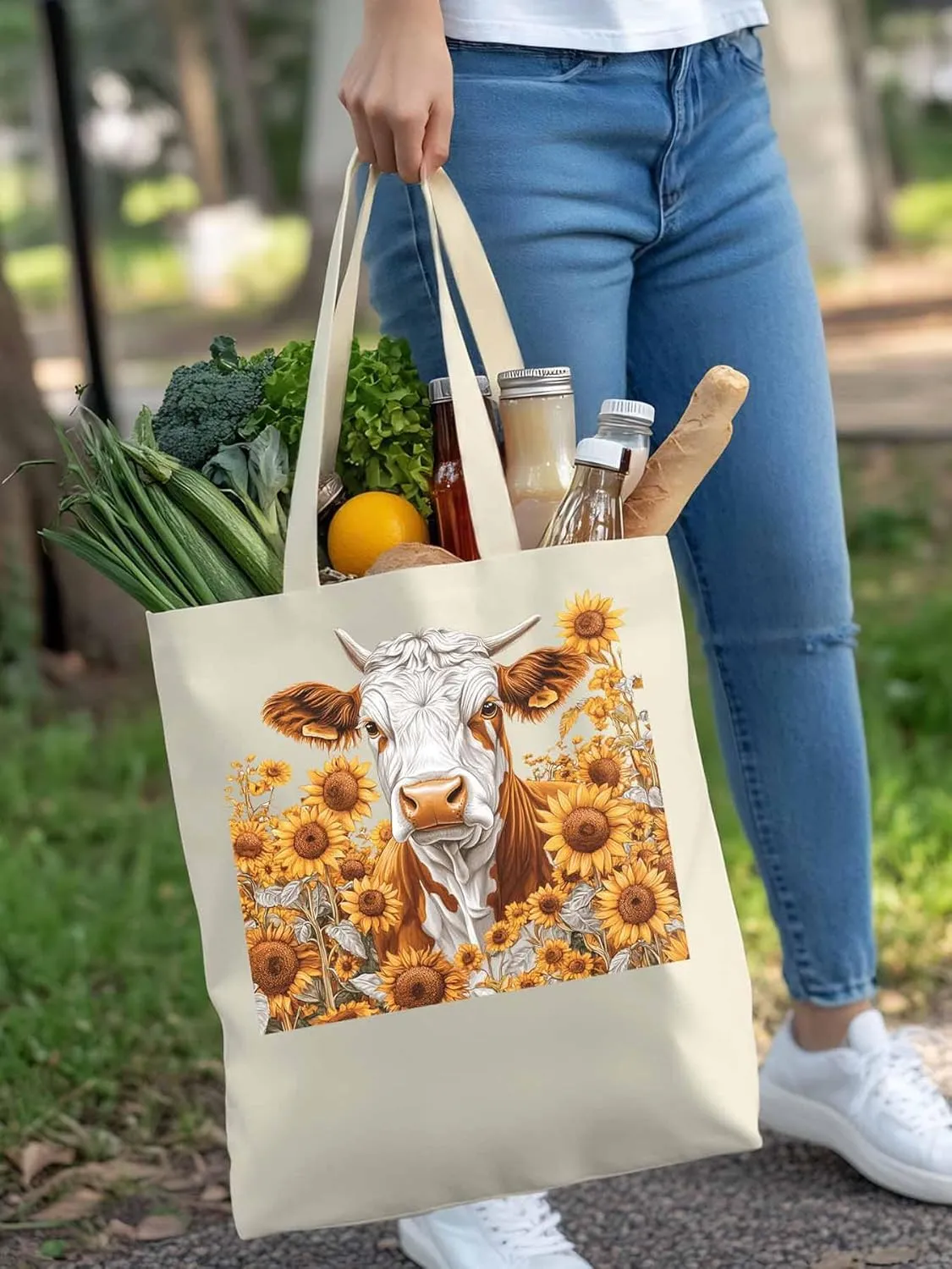 Canvas Tote Bag, Vintage Cow Sunflower Aesthetic Canvas Tote Handbags for Women Shoulder Bag