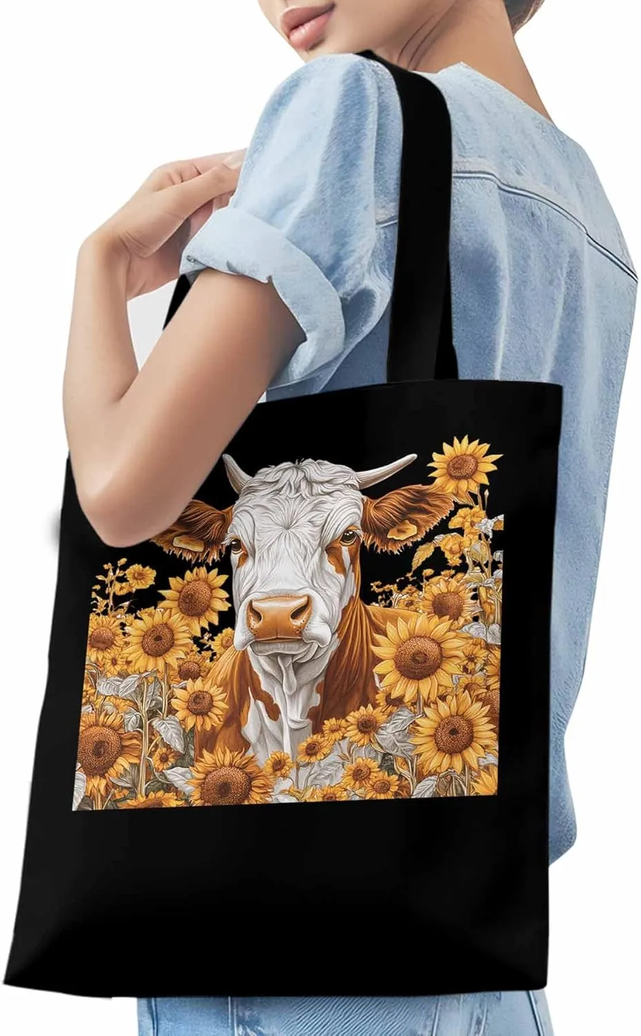 Canvas Tote Bag, Vintage Cow Sunflower Aesthetic Canvas Tote Handbags for Women Shoulder Bag