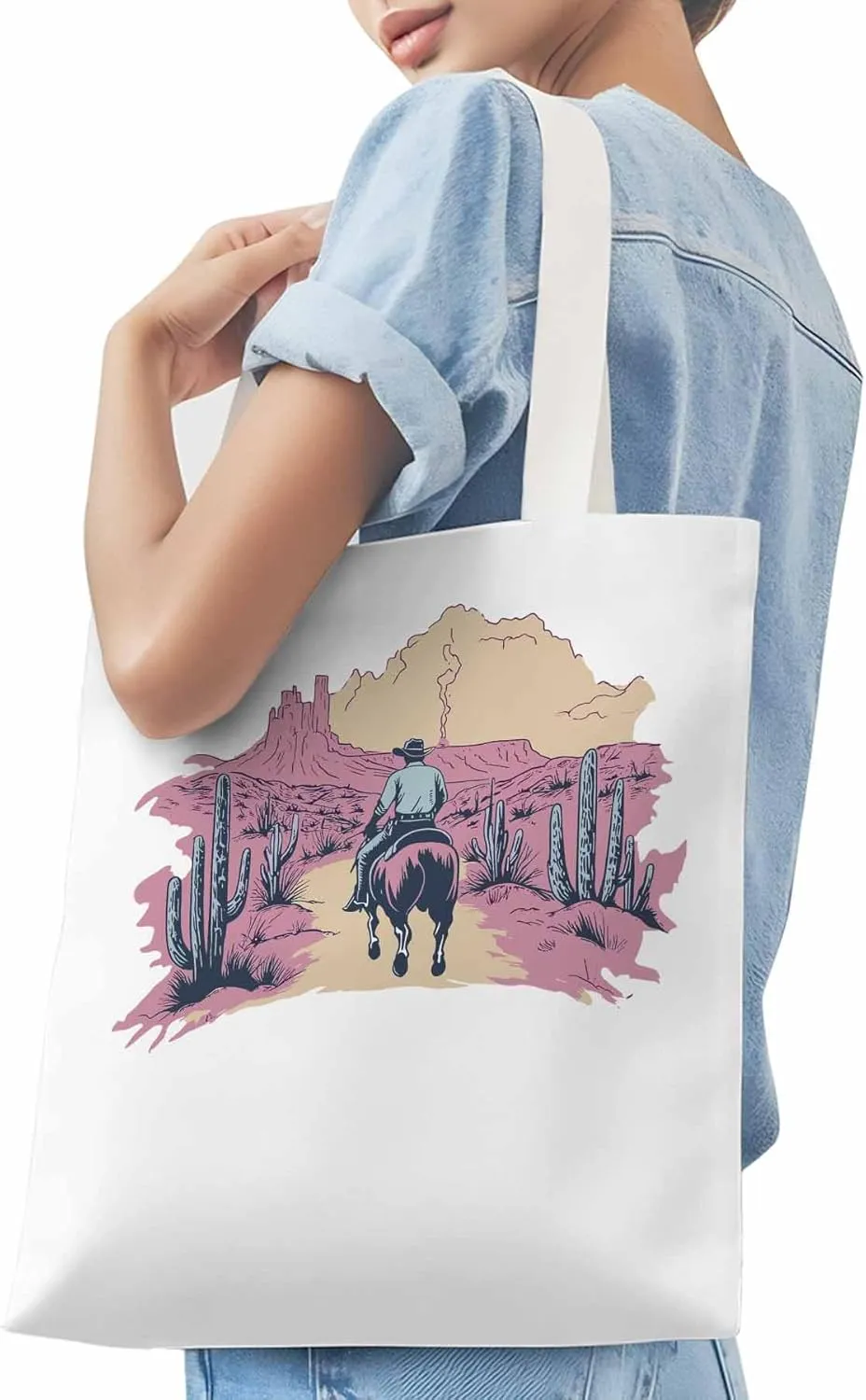 Canvas Tote Bag, Vintage Desert Cowboy Aesthetic Canvas Tote Handbags for Women Shoulder Bag,