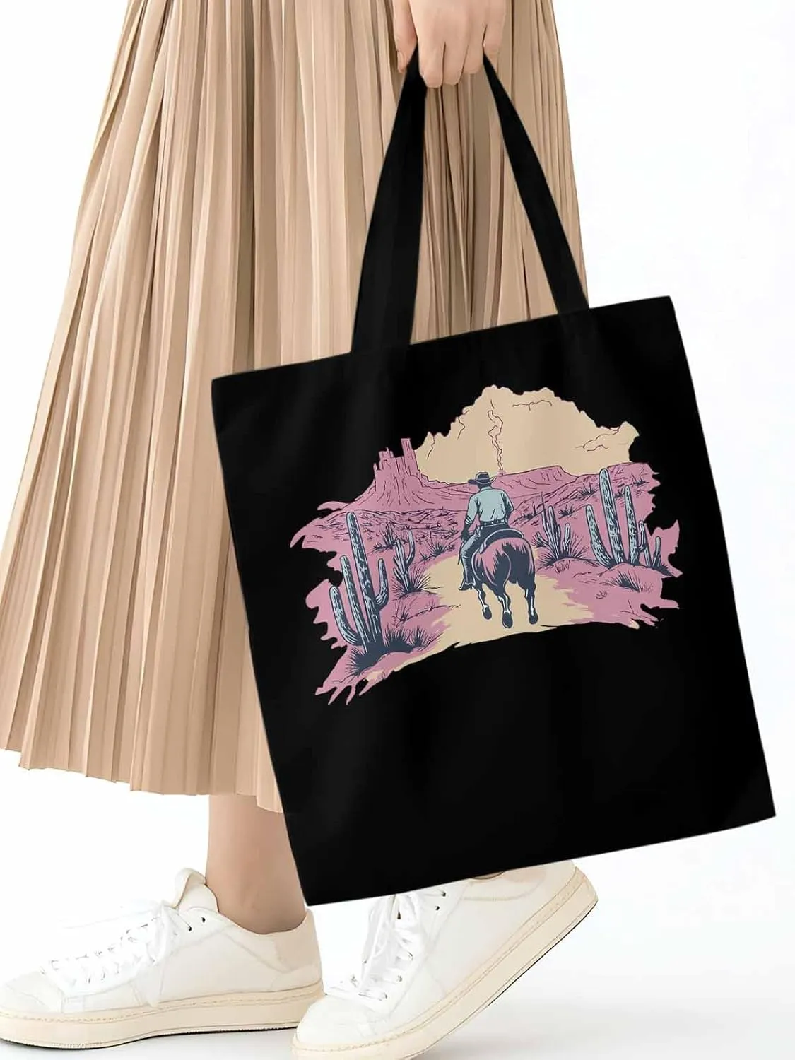 Canvas Tote Bag, Vintage Desert Cowboy Aesthetic Canvas Tote Handbags for Women Shoulder Bag,