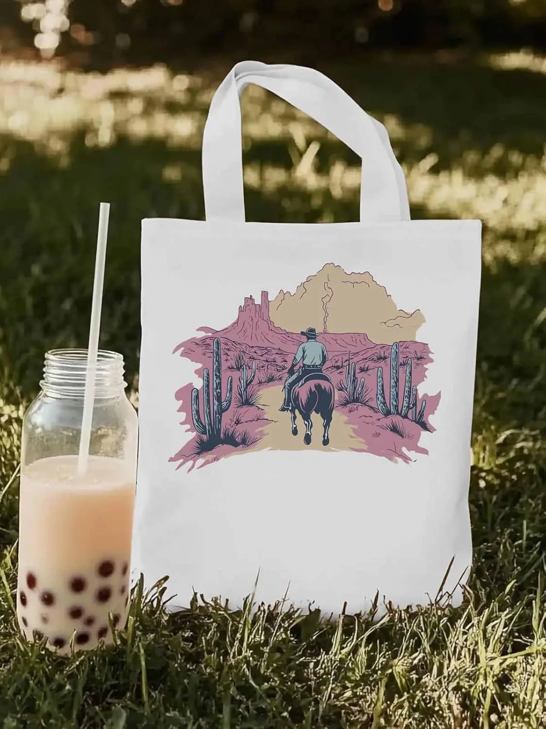 Canvas Tote Bag, Vintage Desert Cowboy Aesthetic Canvas Tote Handbags for Women Shoulder Bag,