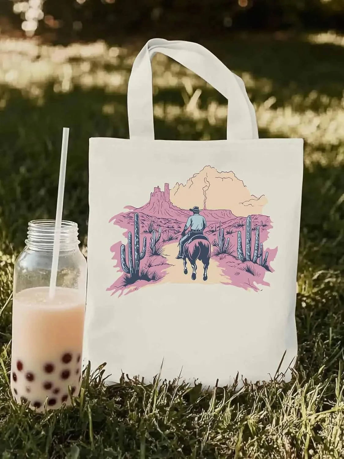 Canvas Tote Bag, Vintage Desert Cowboy Aesthetic Canvas Tote Handbags for Women Shoulder Bag,