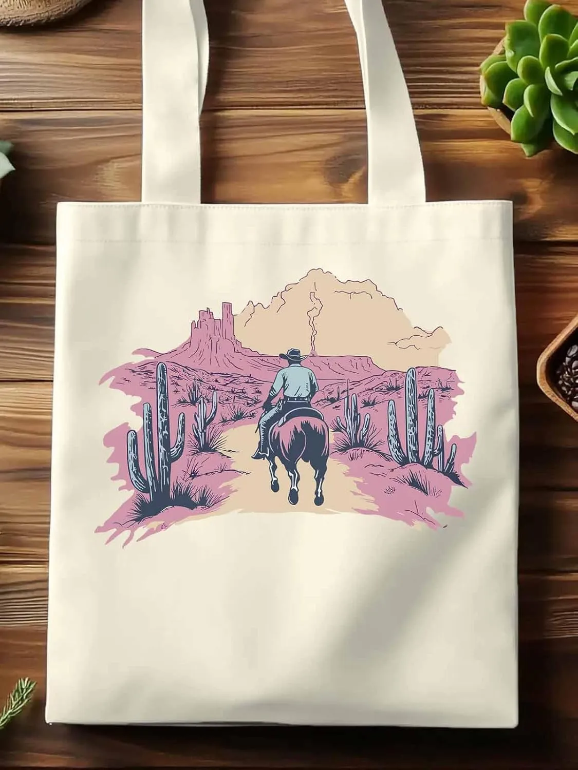 Canvas Tote Bag, Vintage Desert Cowboy Aesthetic Canvas Tote Handbags for Women Shoulder Bag,