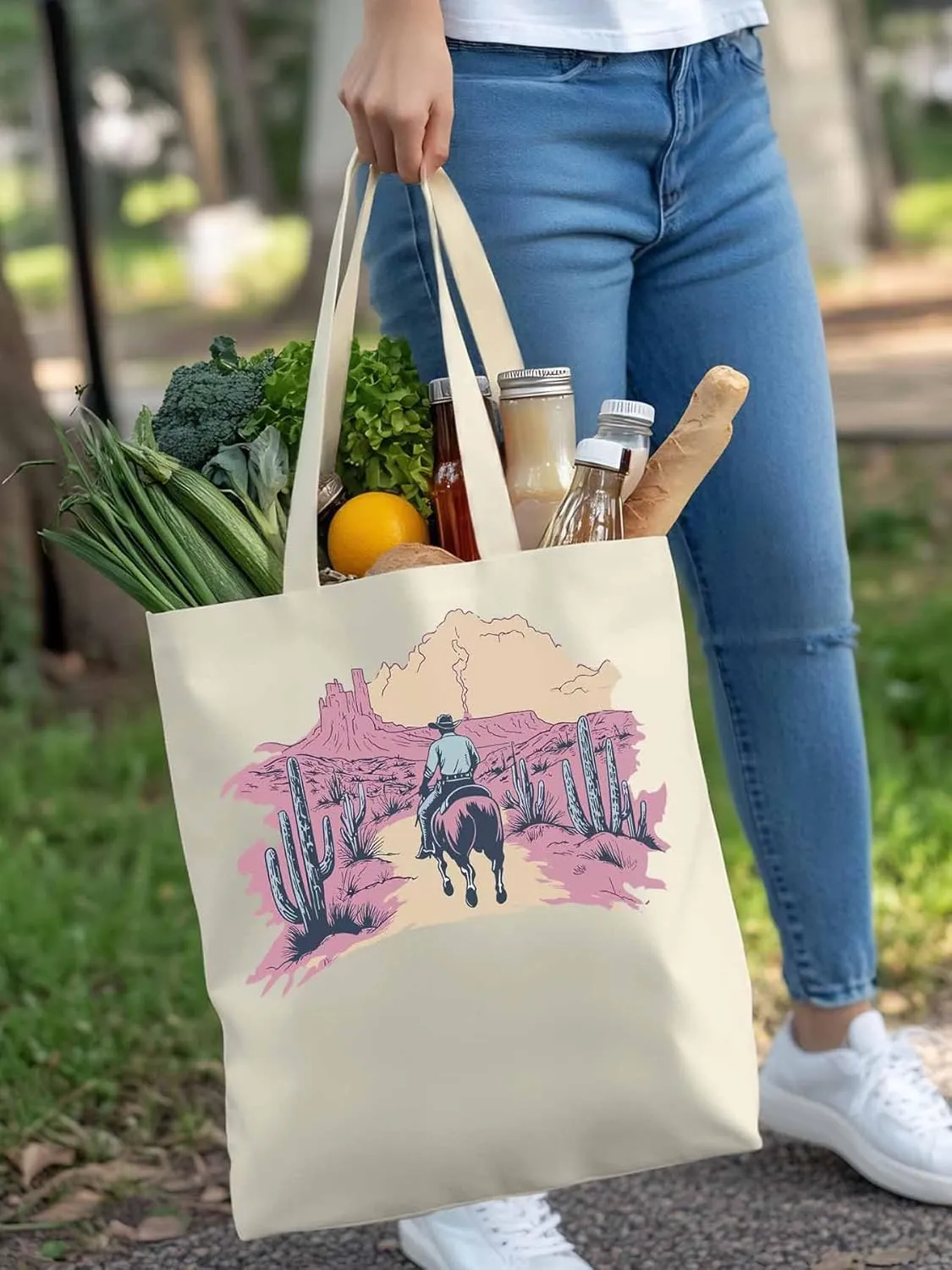 Canvas Tote Bag, Vintage Desert Cowboy Aesthetic Canvas Tote Handbags for Women Shoulder Bag,