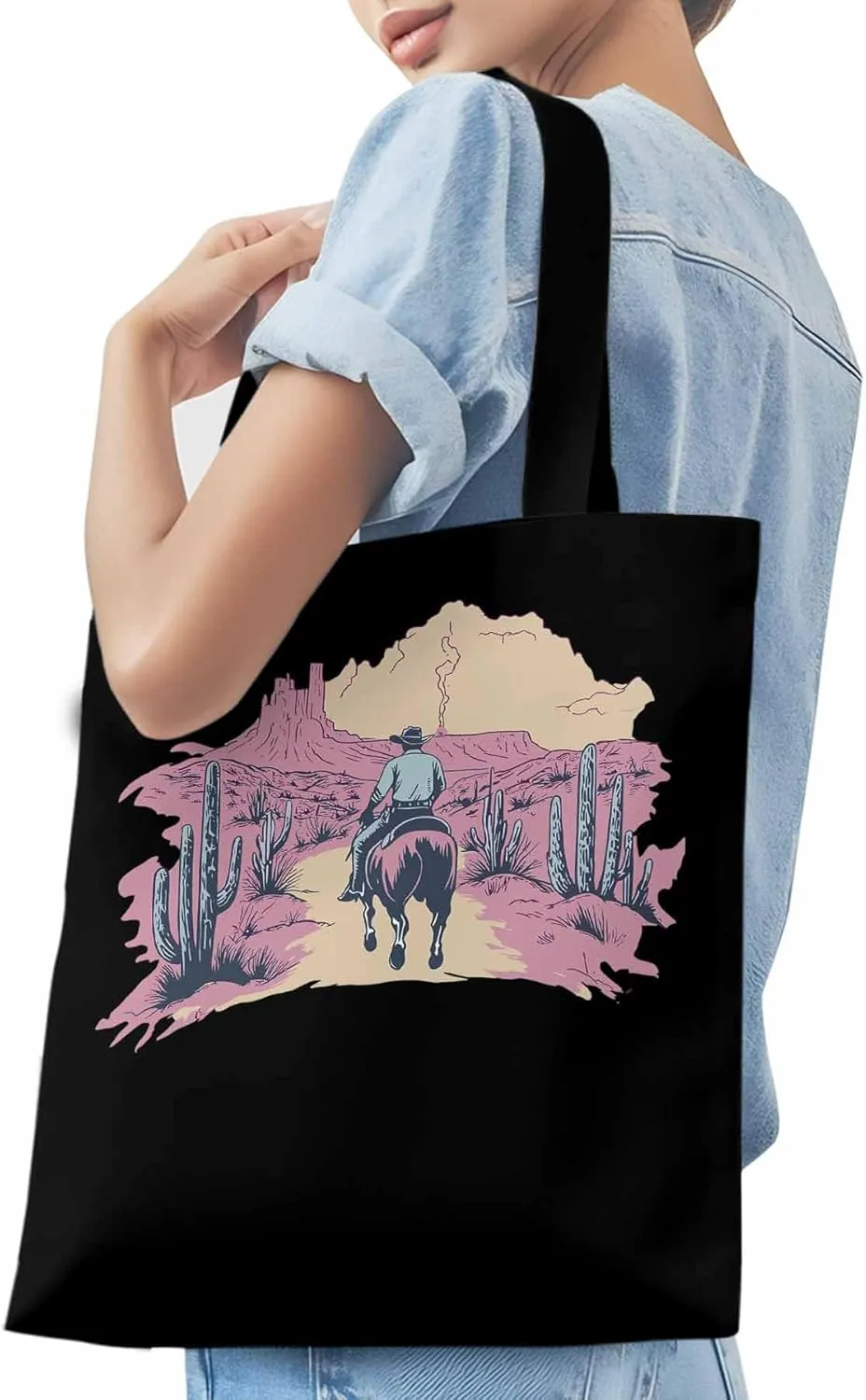 Canvas Tote Bag, Vintage Desert Cowboy Aesthetic Canvas Tote Handbags for Women Shoulder Bag,