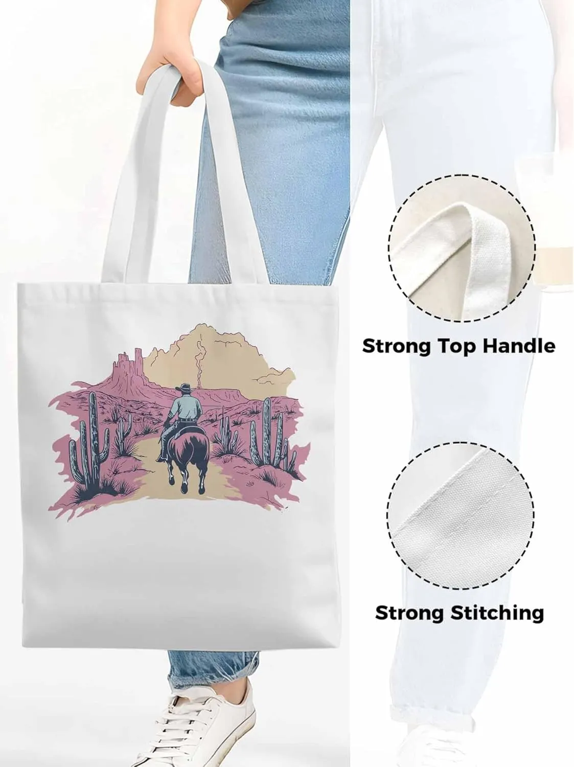 Canvas Tote Bag, Vintage Desert Cowboy Aesthetic Canvas Tote Handbags for Women Shoulder Bag,