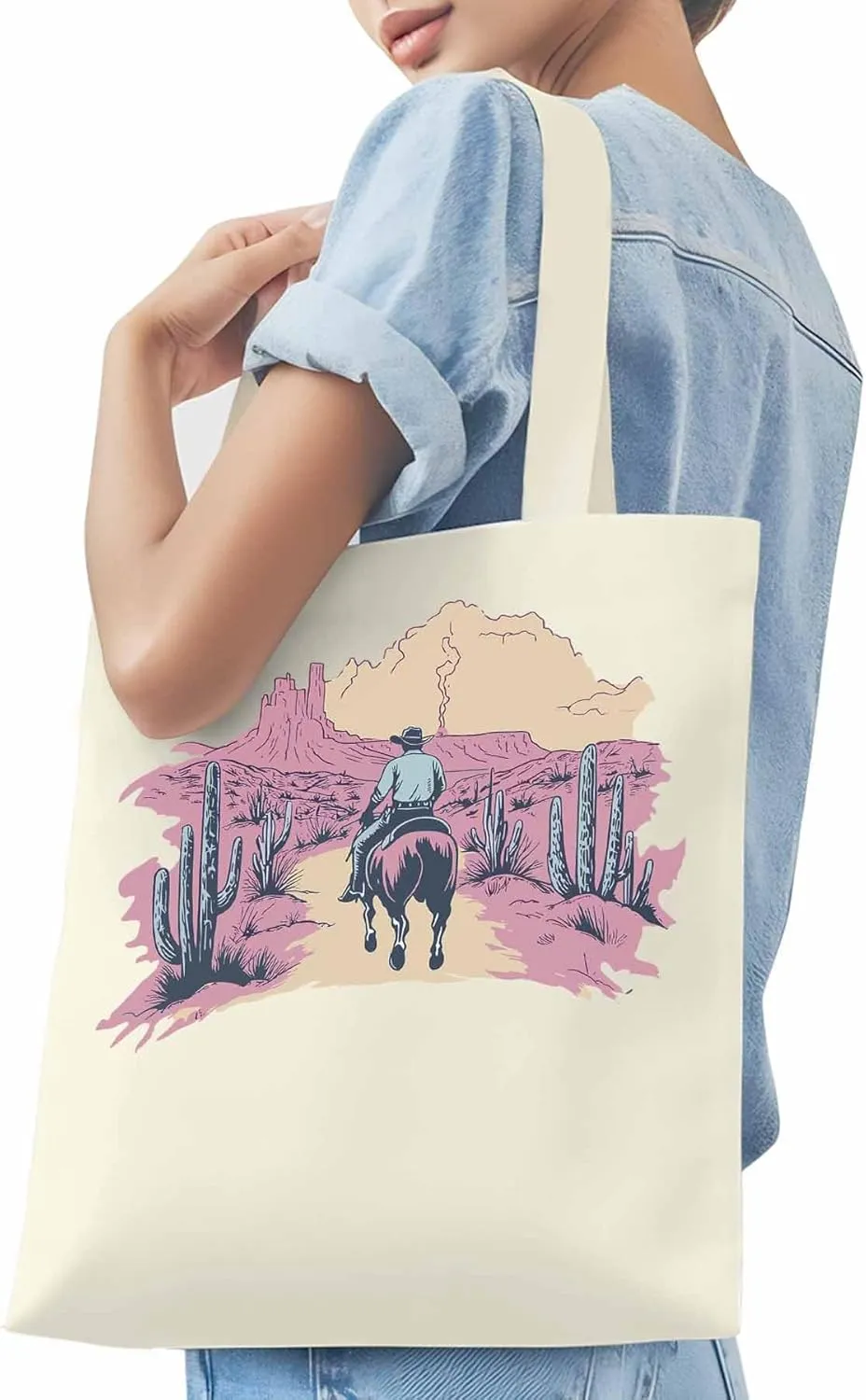 Canvas Tote Bag, Vintage Desert Cowboy Aesthetic Canvas Tote Handbags for Women Shoulder Bag,