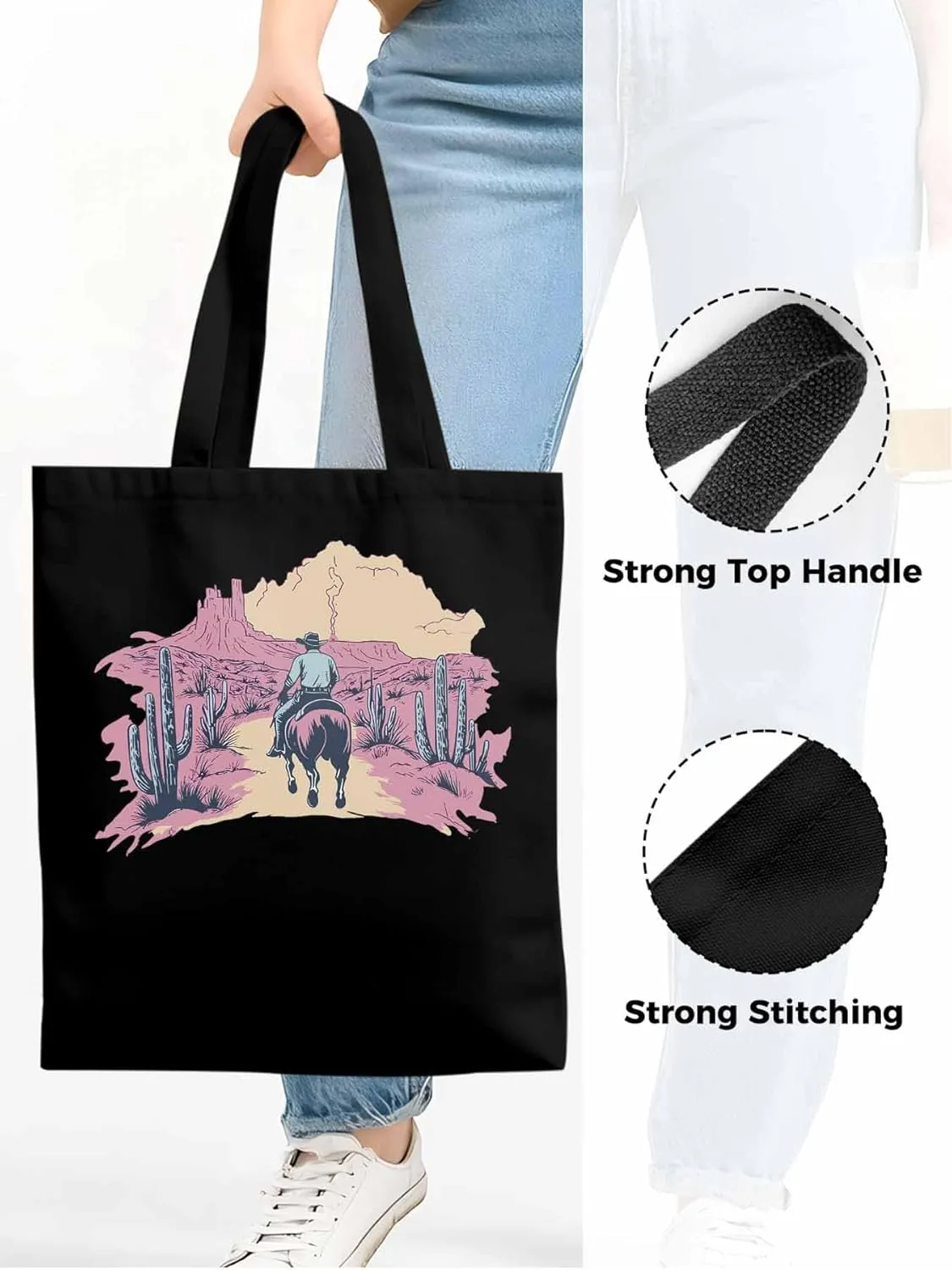 Canvas Tote Bag, Vintage Desert Cowboy Aesthetic Canvas Tote Handbags for Women Shoulder Bag,