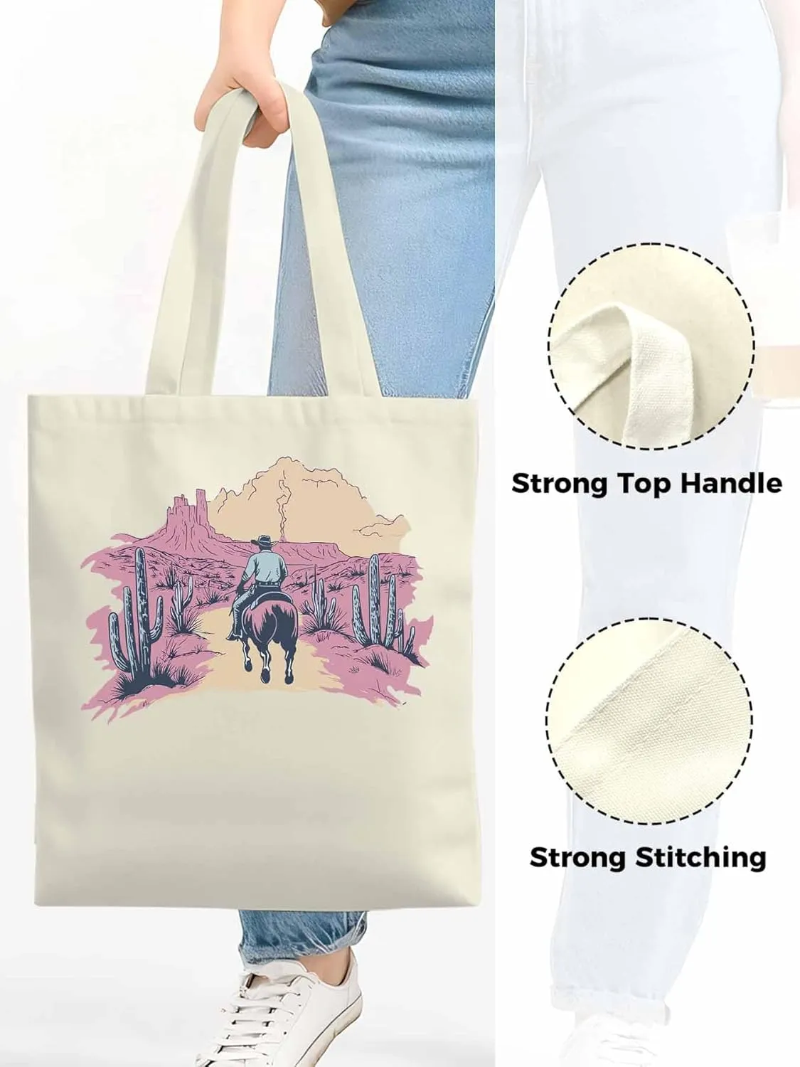 Canvas Tote Bag, Vintage Desert Cowboy Aesthetic Canvas Tote Handbags for Women Shoulder Bag,