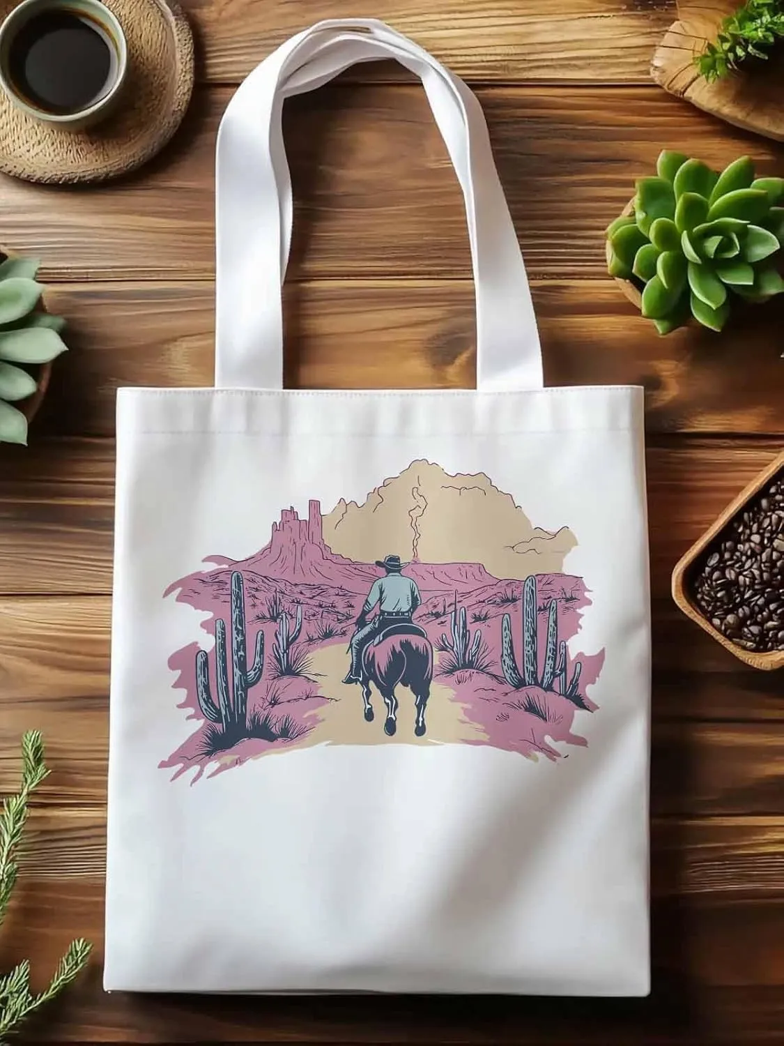 Canvas Tote Bag, Vintage Desert Cowboy Aesthetic Canvas Tote Handbags for Women Shoulder Bag,
