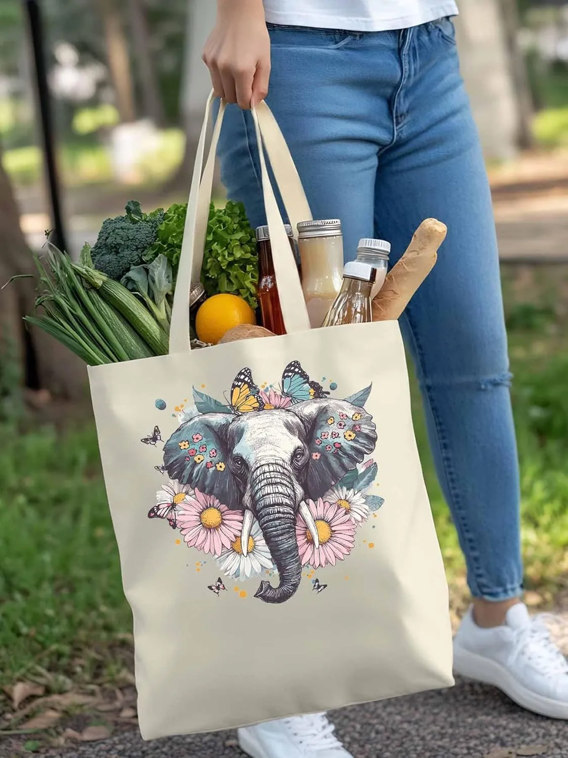 Canvas Tote Bag, Vintage Elephant Daisy Butterfly Aesthetic Canvas Tote Handbags for Women Shoulder Bag