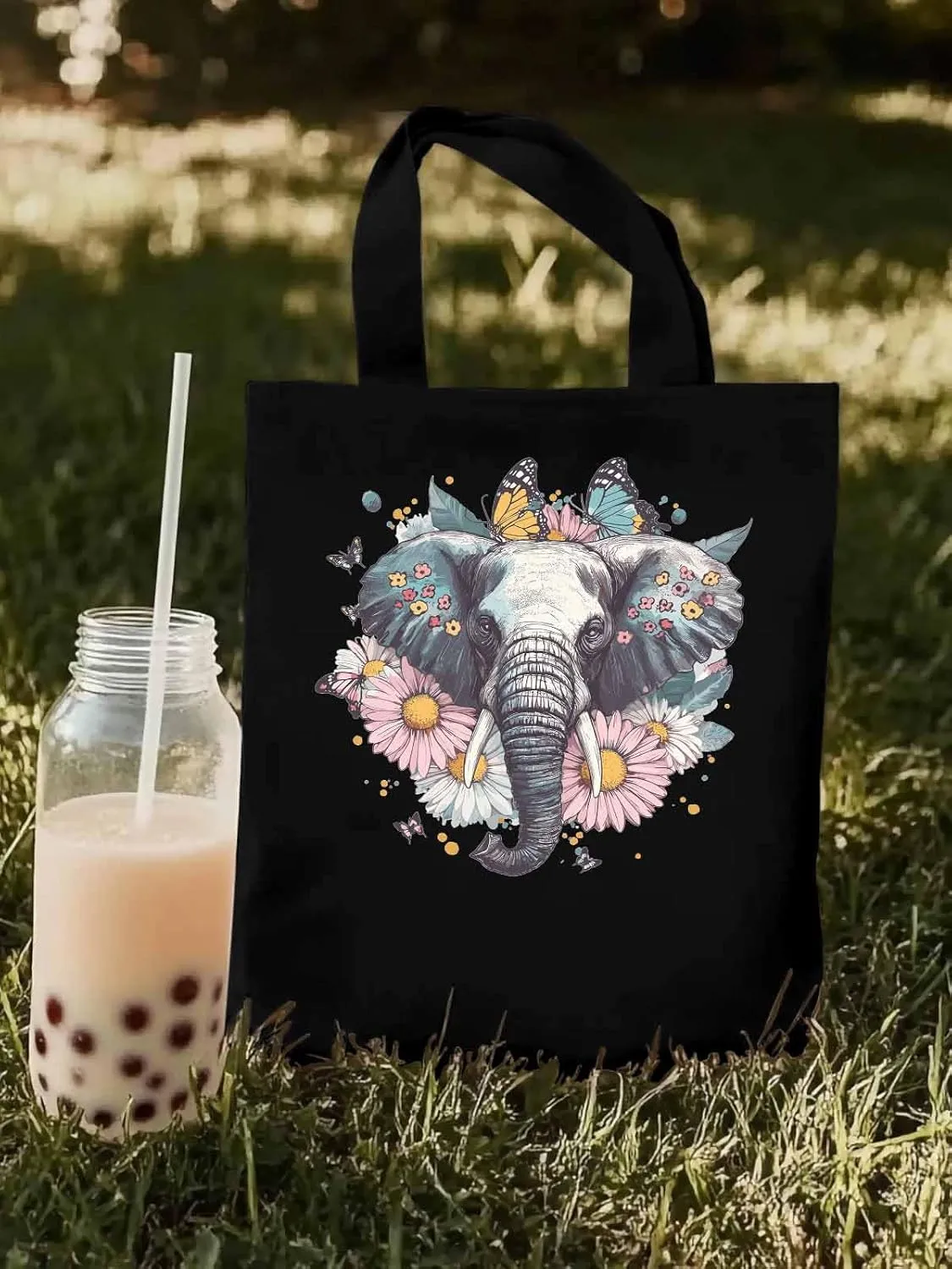 Canvas Tote Bag, Vintage Elephant Daisy Butterfly Aesthetic Canvas Tote Handbags for Women Shoulder Bag