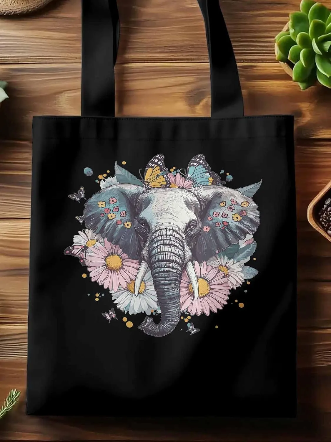 Canvas Tote Bag, Vintage Elephant Daisy Butterfly Aesthetic Canvas Tote Handbags for Women Shoulder Bag