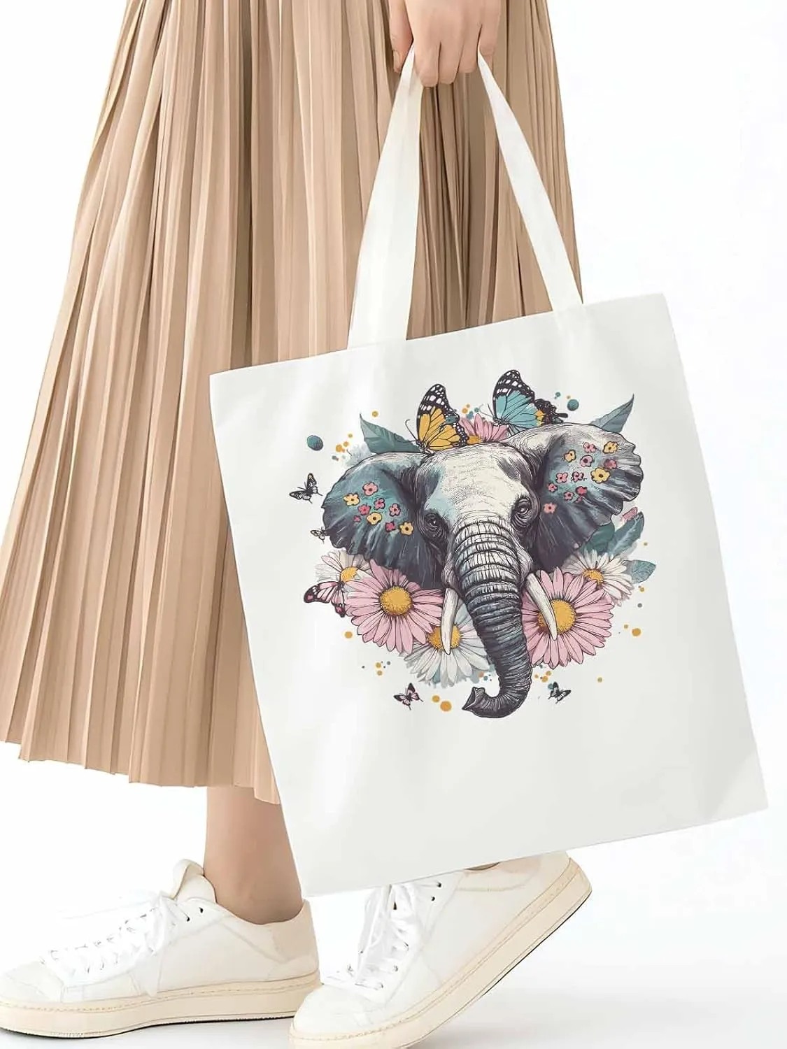 Canvas Tote Bag, Vintage Elephant Daisy Butterfly Aesthetic Canvas Tote Handbags for Women Shoulder Bag