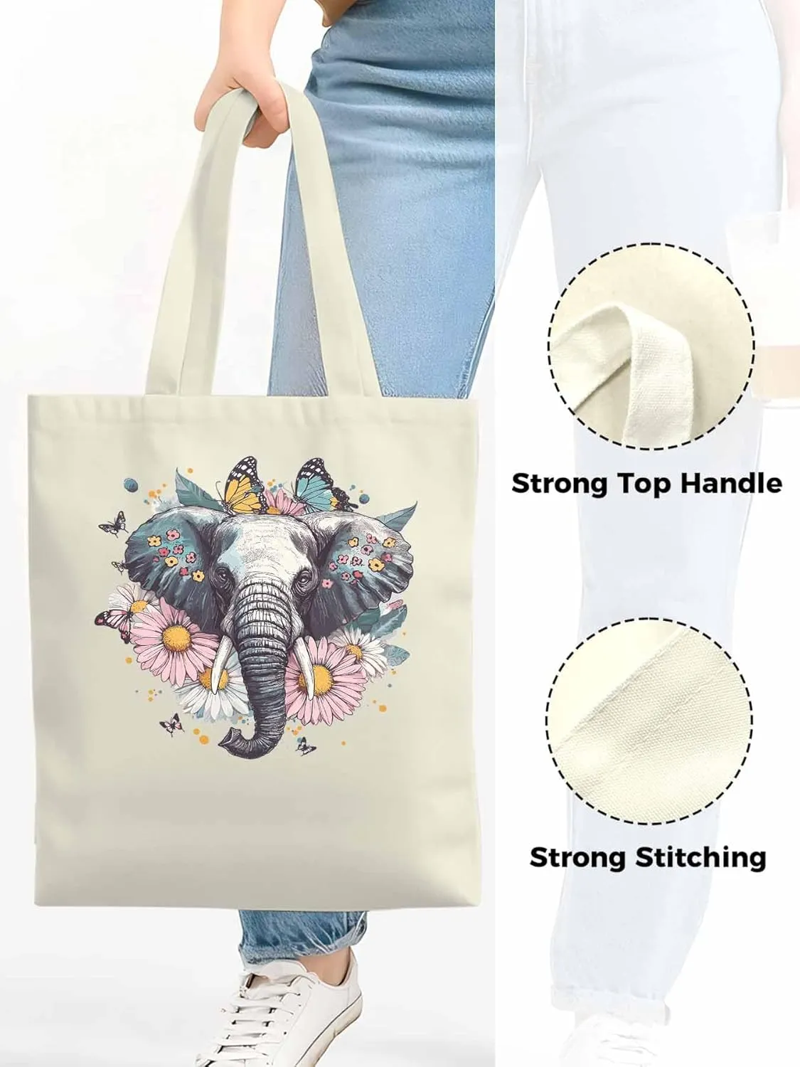 Canvas Tote Bag, Vintage Elephant Daisy Butterfly Aesthetic Canvas Tote Handbags for Women Shoulder Bag