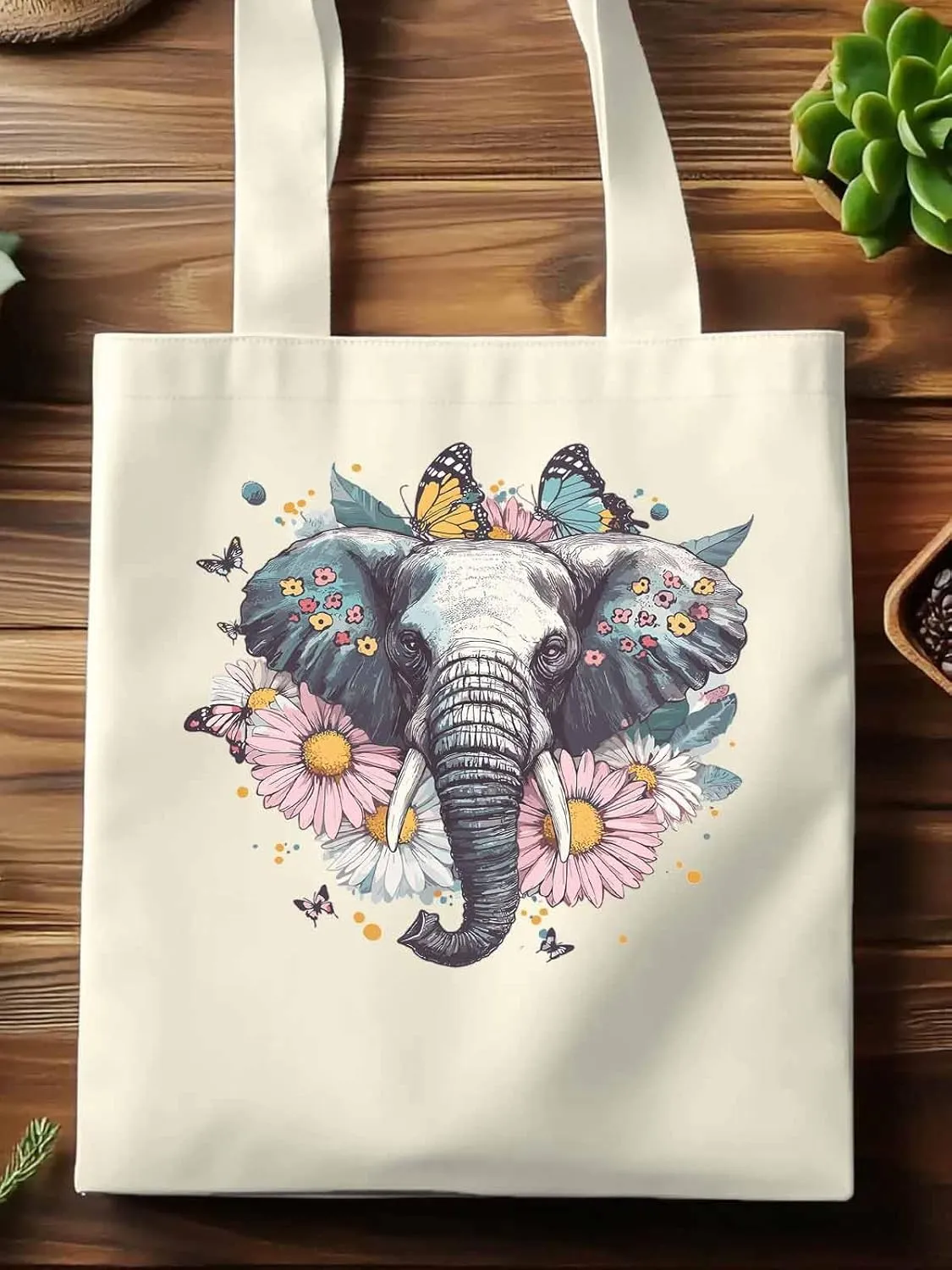 Canvas Tote Bag, Vintage Elephant Daisy Butterfly Aesthetic Canvas Tote Handbags for Women Shoulder Bag
