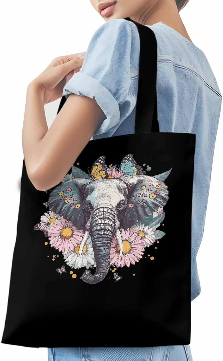 Canvas Tote Bag, Vintage Elephant Daisy Butterfly Aesthetic Canvas Tote Handbags for Women Shoulder Bag