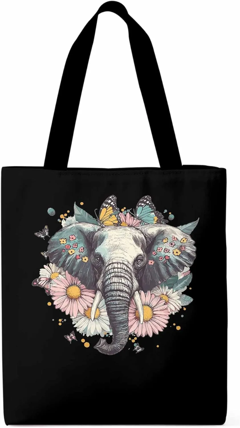 Canvas Tote Bag, Vintage Elephant Daisy Butterfly Aesthetic Canvas Tote Handbags for Women Shoulder Bag