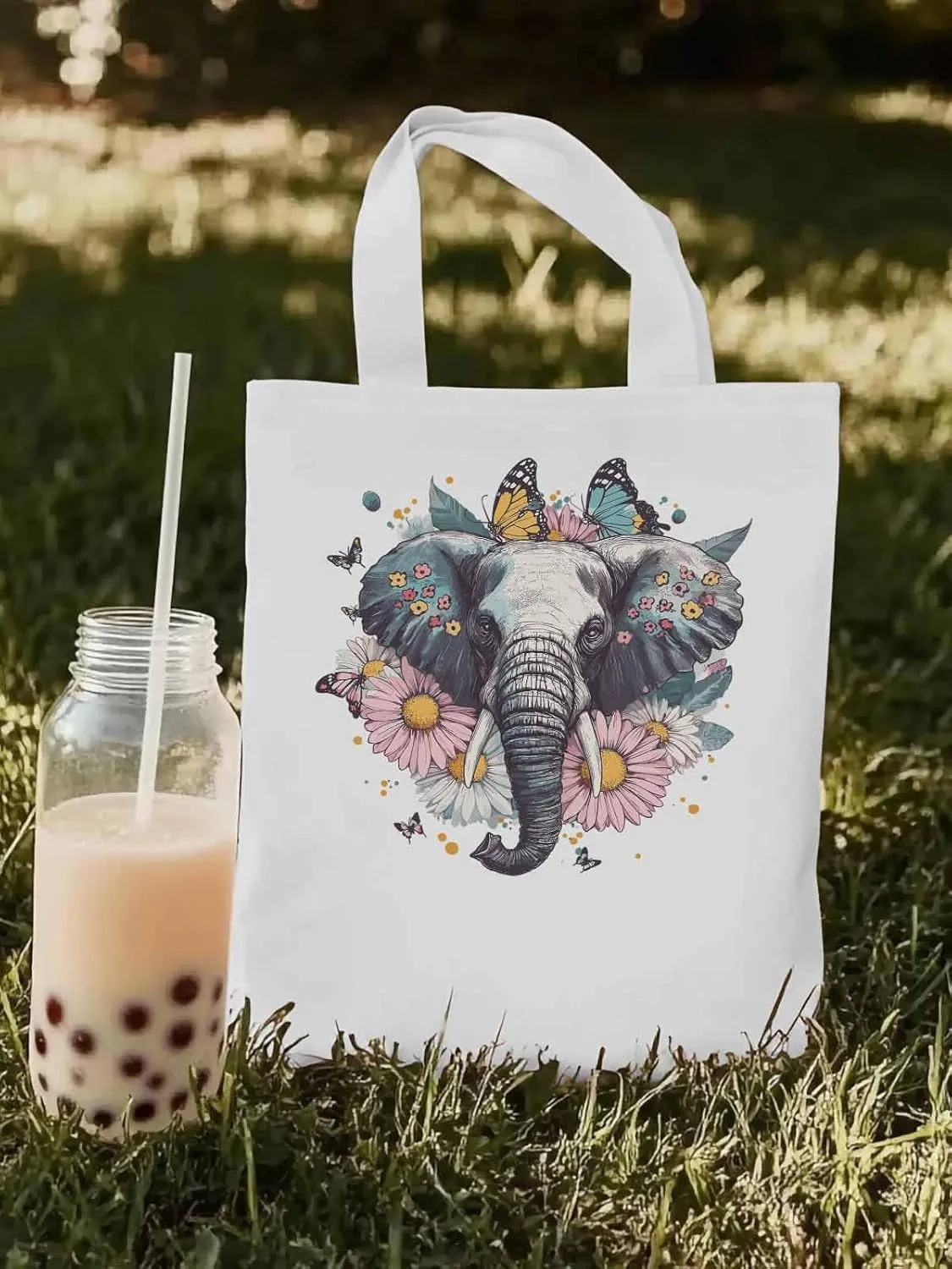 Canvas Tote Bag, Vintage Elephant Daisy Butterfly Aesthetic Canvas Tote Handbags for Women Shoulder Bag