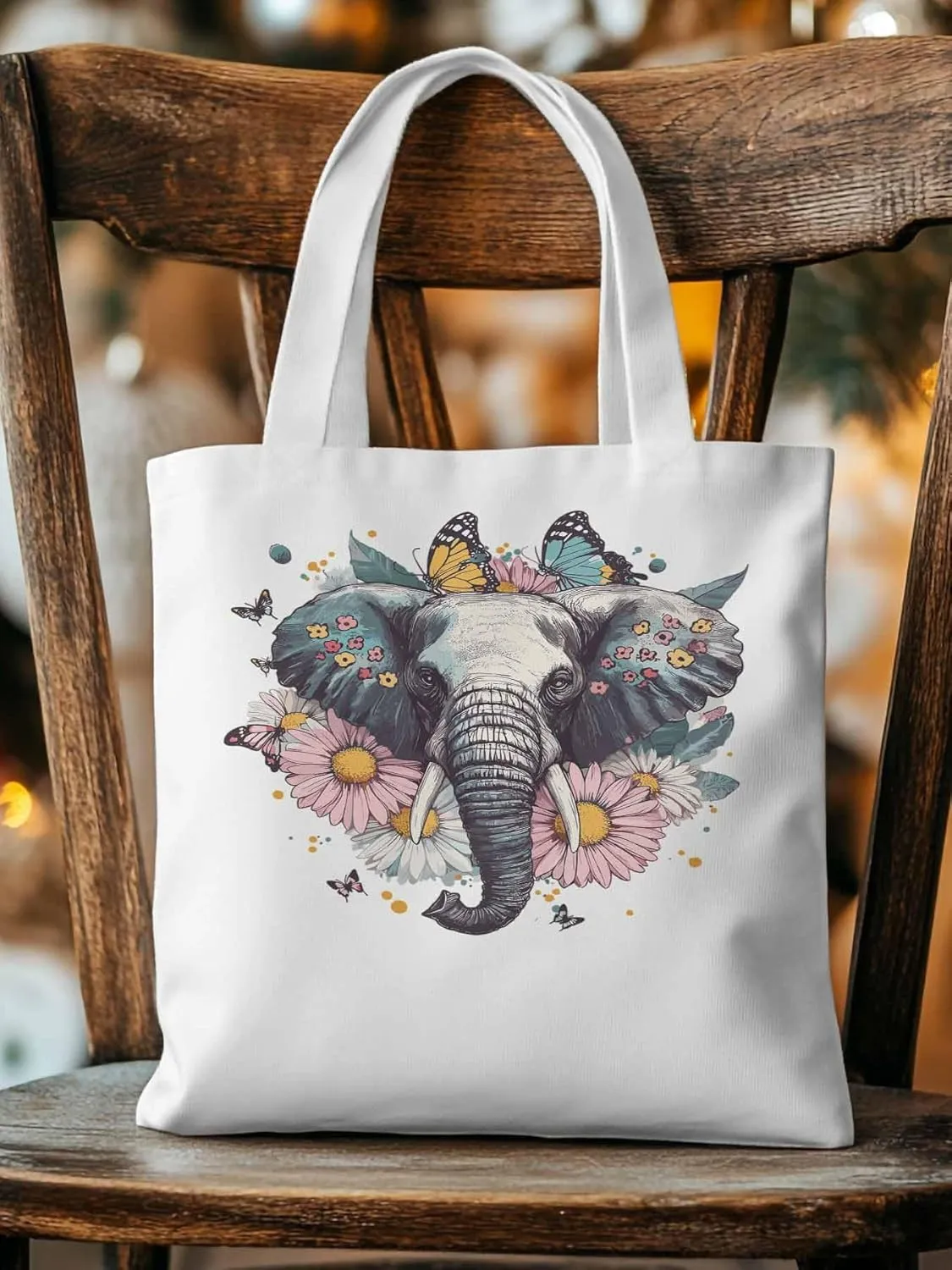 Canvas Tote Bag, Vintage Elephant Daisy Butterfly Aesthetic Canvas Tote Handbags for Women Shoulder Bag