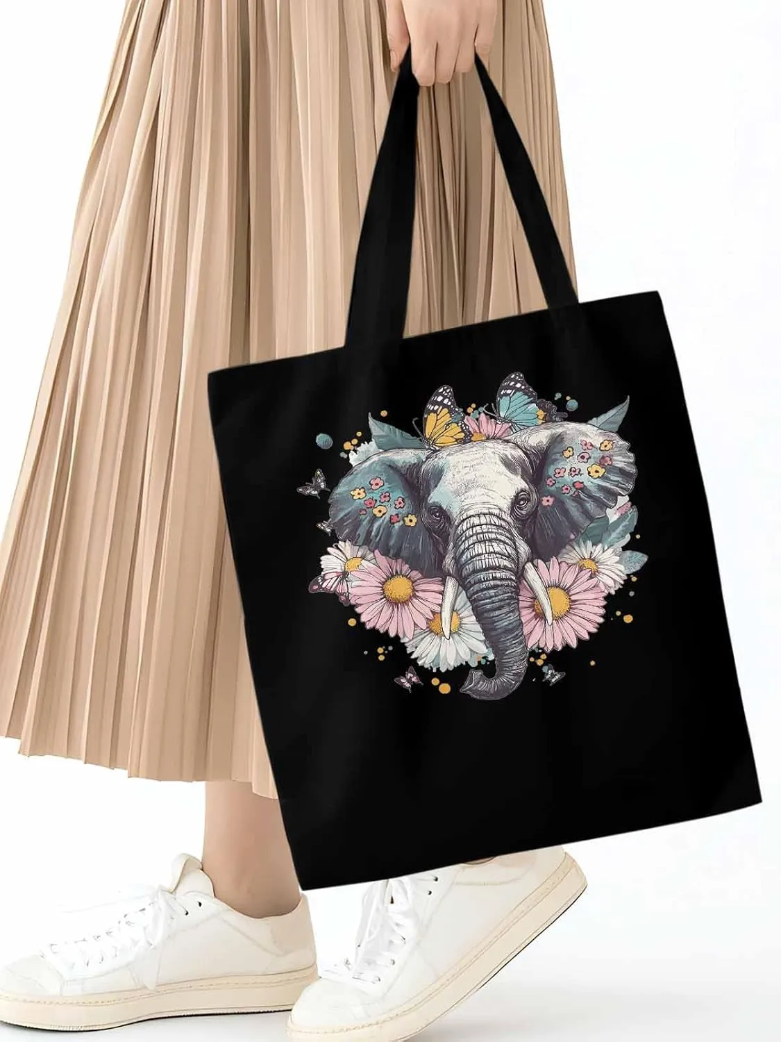 Canvas Tote Bag, Vintage Elephant Daisy Butterfly Aesthetic Canvas Tote Handbags for Women Shoulder Bag