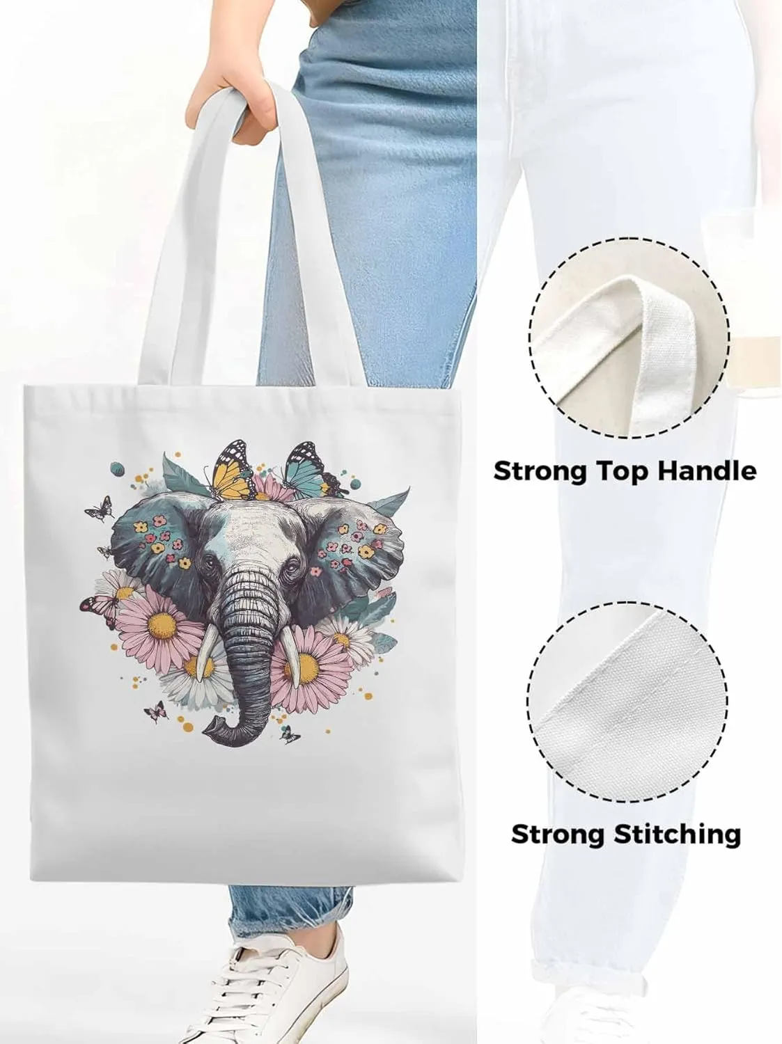 Canvas Tote Bag, Vintage Elephant Daisy Butterfly Aesthetic Canvas Tote Handbags for Women Shoulder Bag