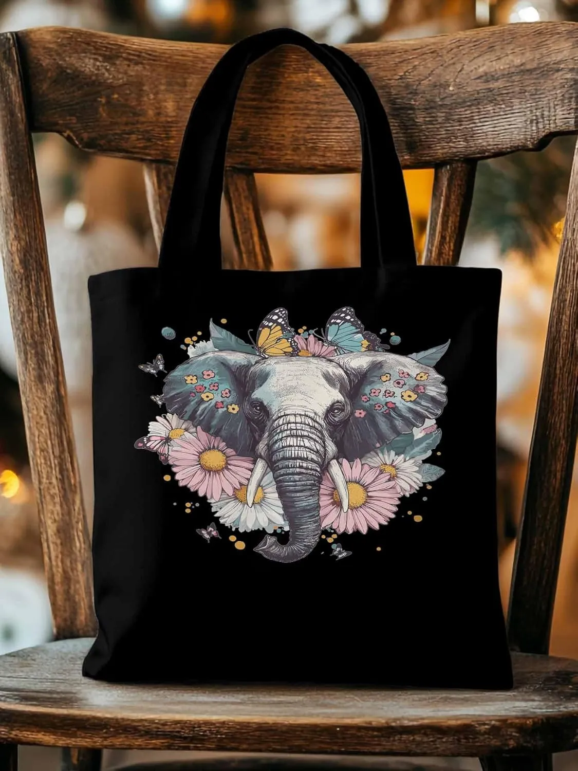 Canvas Tote Bag, Vintage Elephant Daisy Butterfly Aesthetic Canvas Tote Handbags for Women Shoulder Bag