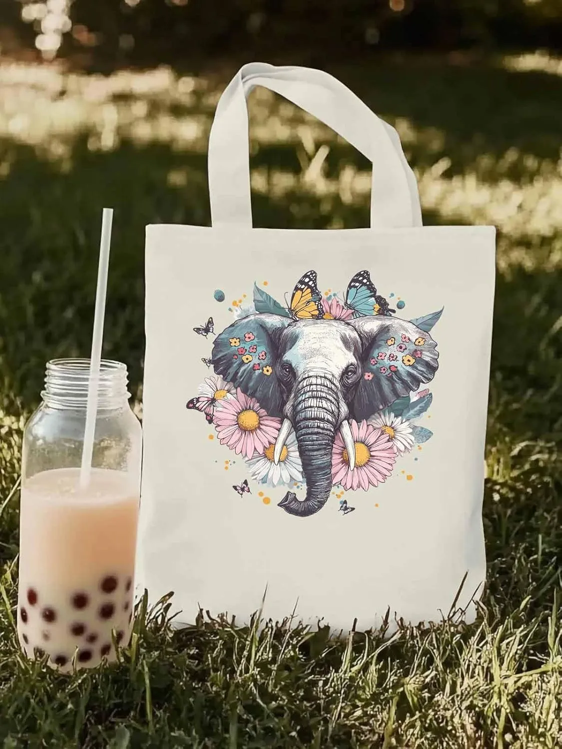 Canvas Tote Bag, Vintage Elephant Daisy Butterfly Aesthetic Canvas Tote Handbags for Women Shoulder Bag