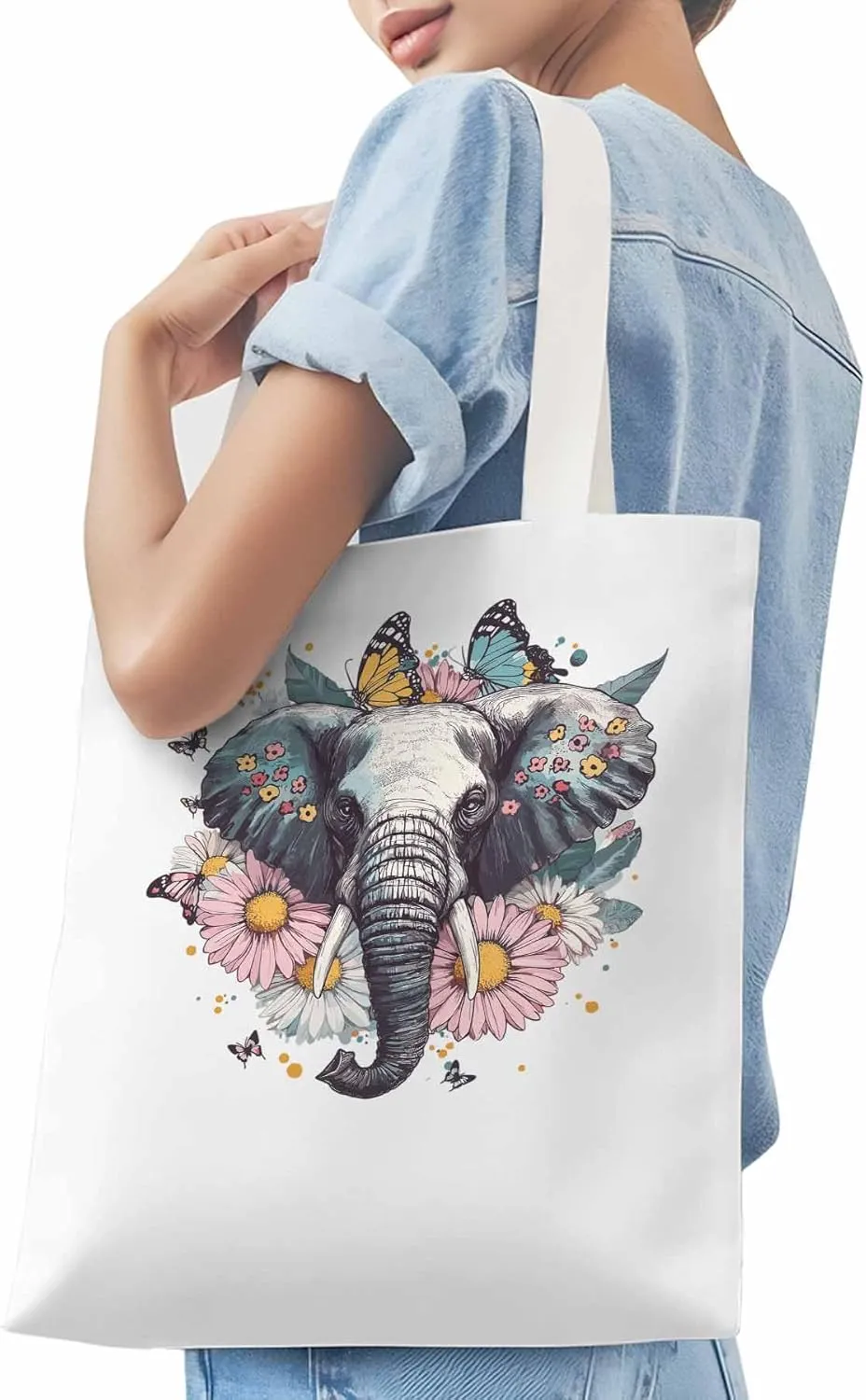Canvas Tote Bag, Vintage Elephant Daisy Butterfly Aesthetic Canvas Tote Handbags for Women Shoulder Bag
