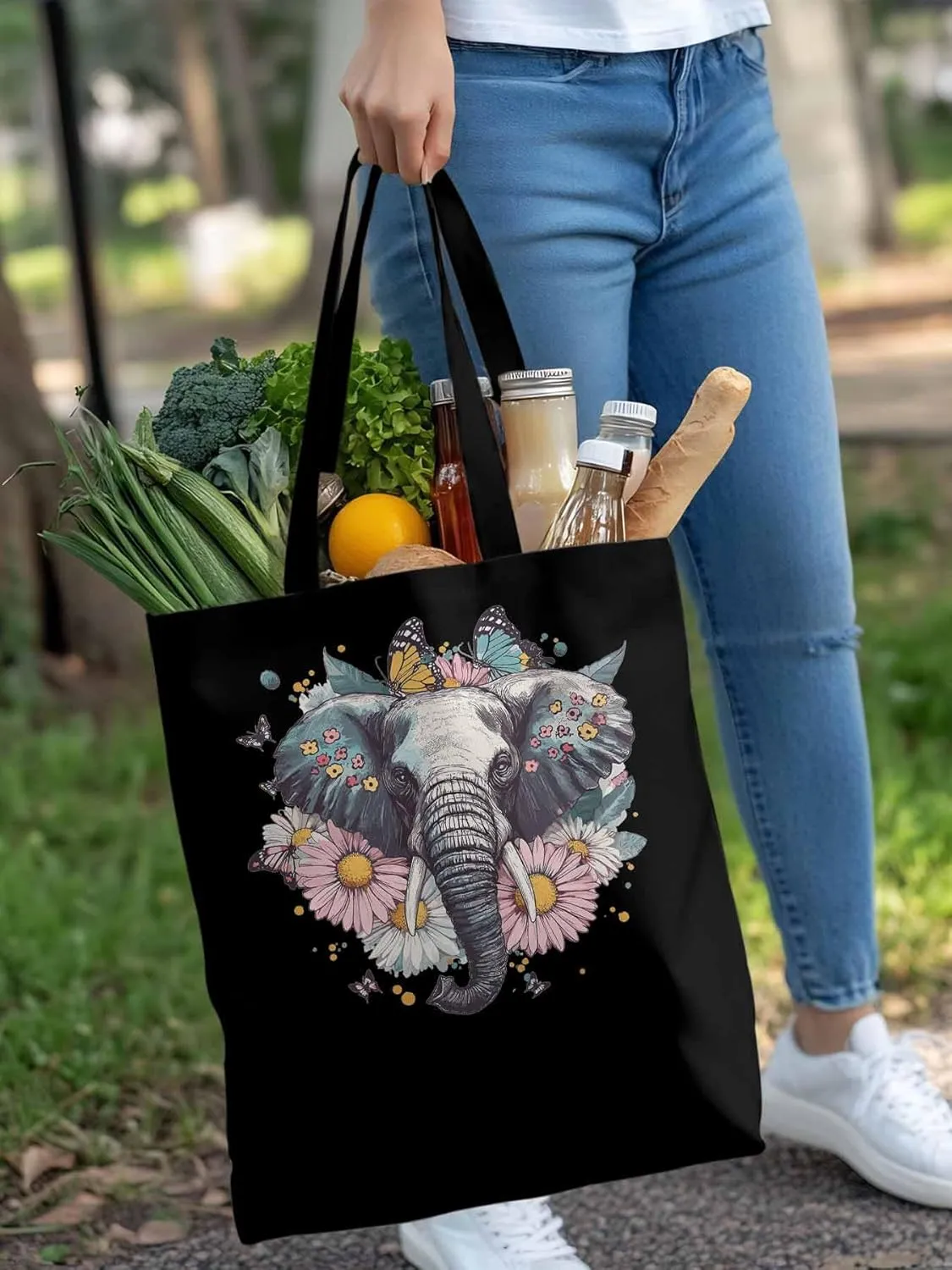 Canvas Tote Bag, Vintage Elephant Daisy Butterfly Aesthetic Canvas Tote Handbags for Women Shoulder Bag