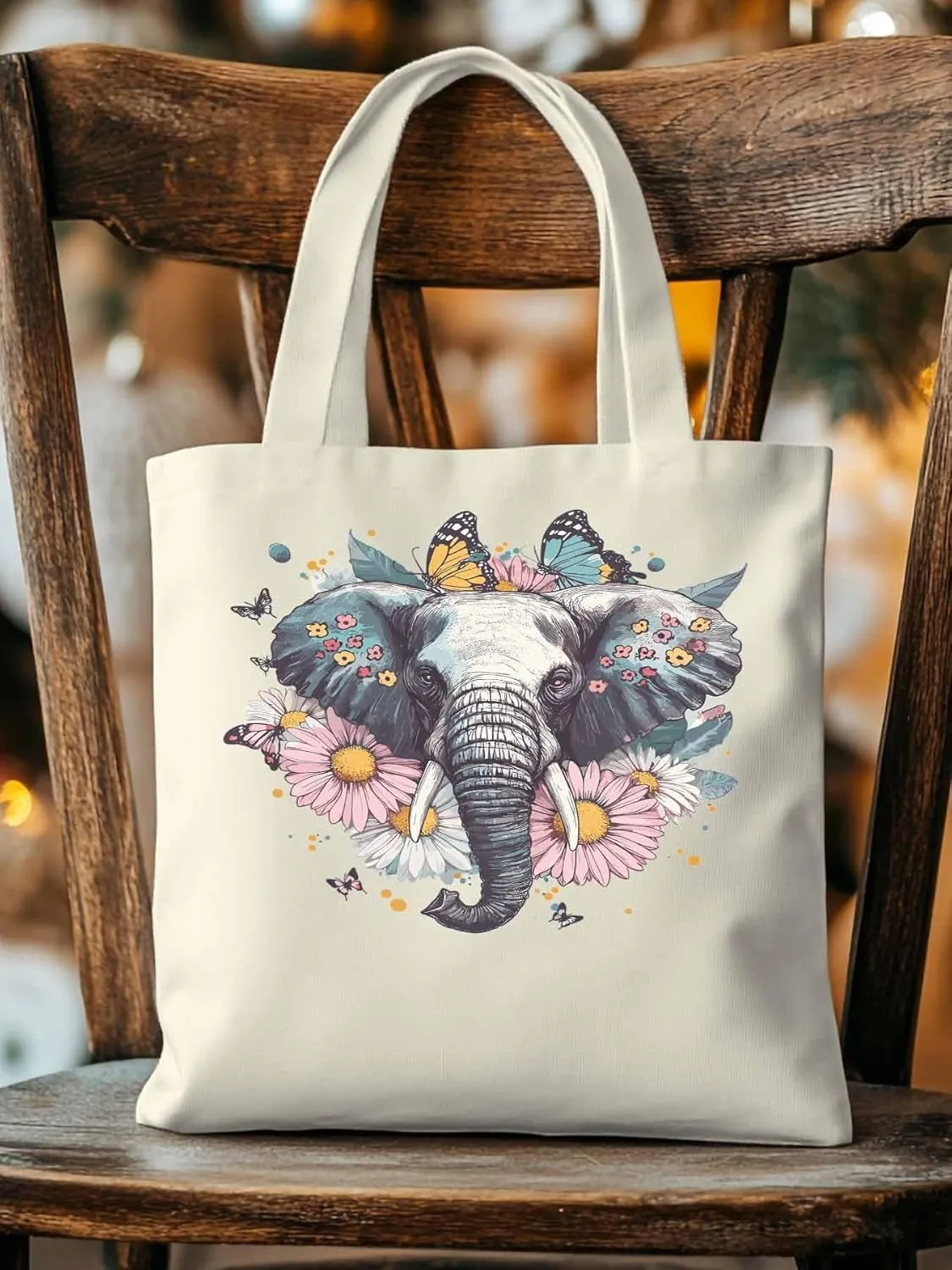 Canvas Tote Bag, Vintage Elephant Daisy Butterfly Aesthetic Canvas Tote Handbags for Women Shoulder Bag