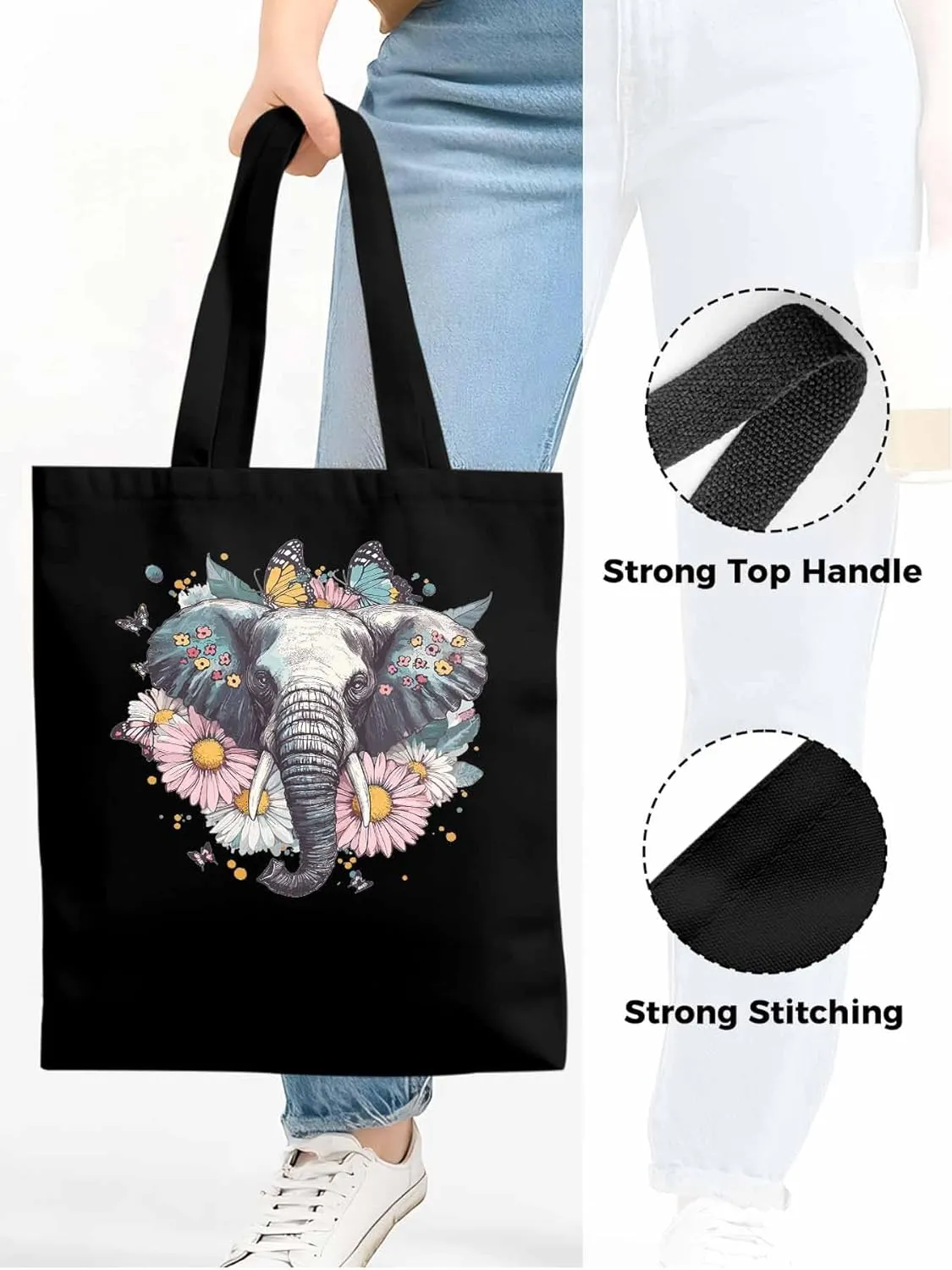 Canvas Tote Bag, Vintage Elephant Daisy Butterfly Aesthetic Canvas Tote Handbags for Women Shoulder Bag
