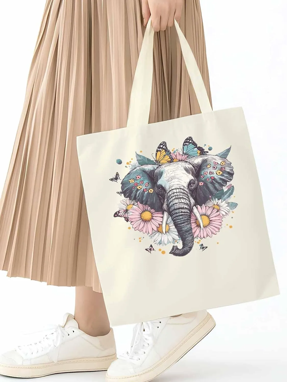 Canvas Tote Bag, Vintage Elephant Daisy Butterfly Aesthetic Canvas Tote Handbags for Women Shoulder Bag