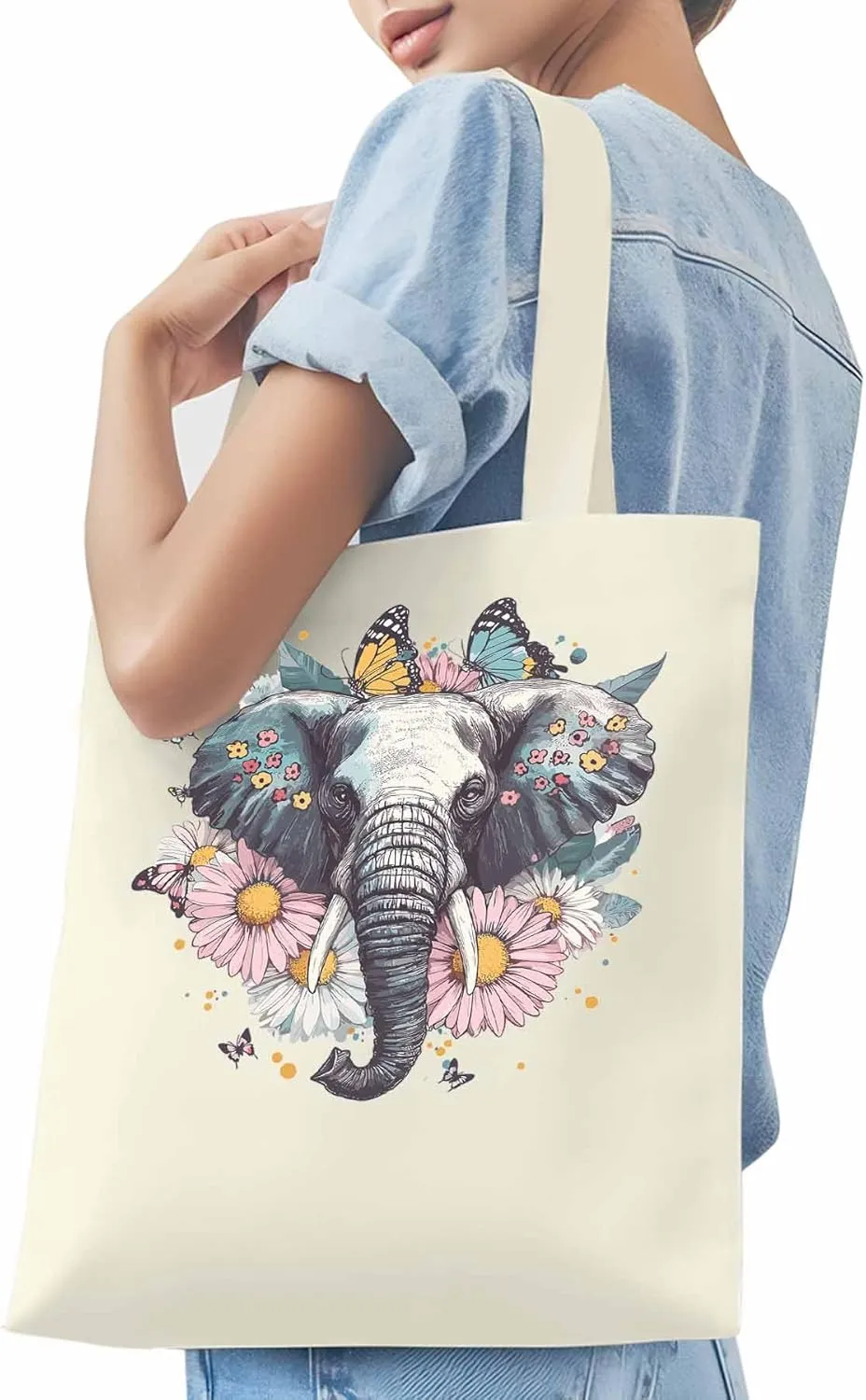 Canvas Tote Bag, Vintage Elephant Daisy Butterfly Aesthetic Canvas Tote Handbags for Women Shoulder Bag