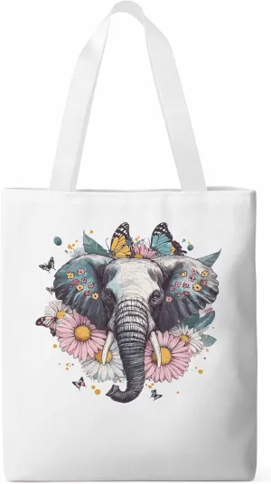 Canvas Tote Bag, Vintage Elephant Daisy Butterfly Aesthetic Canvas Tote Handbags for Women Shoulder Bag