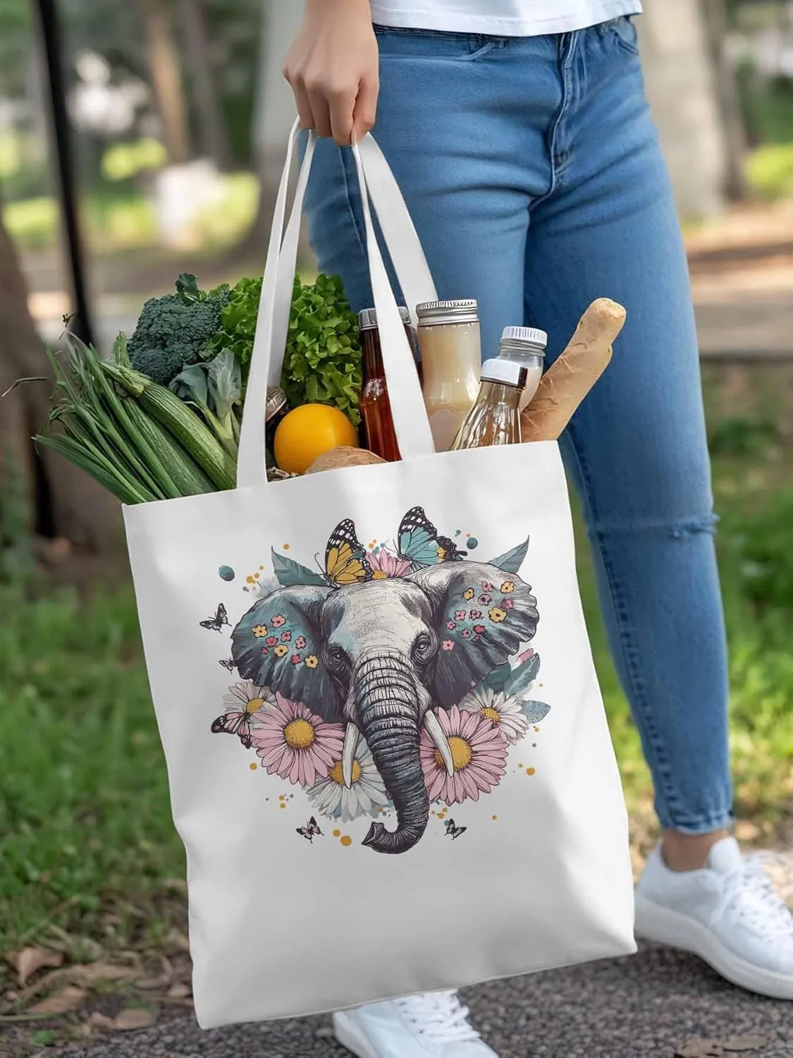 Canvas Tote Bag, Vintage Elephant Daisy Butterfly Aesthetic Canvas Tote Handbags for Women Shoulder Bag