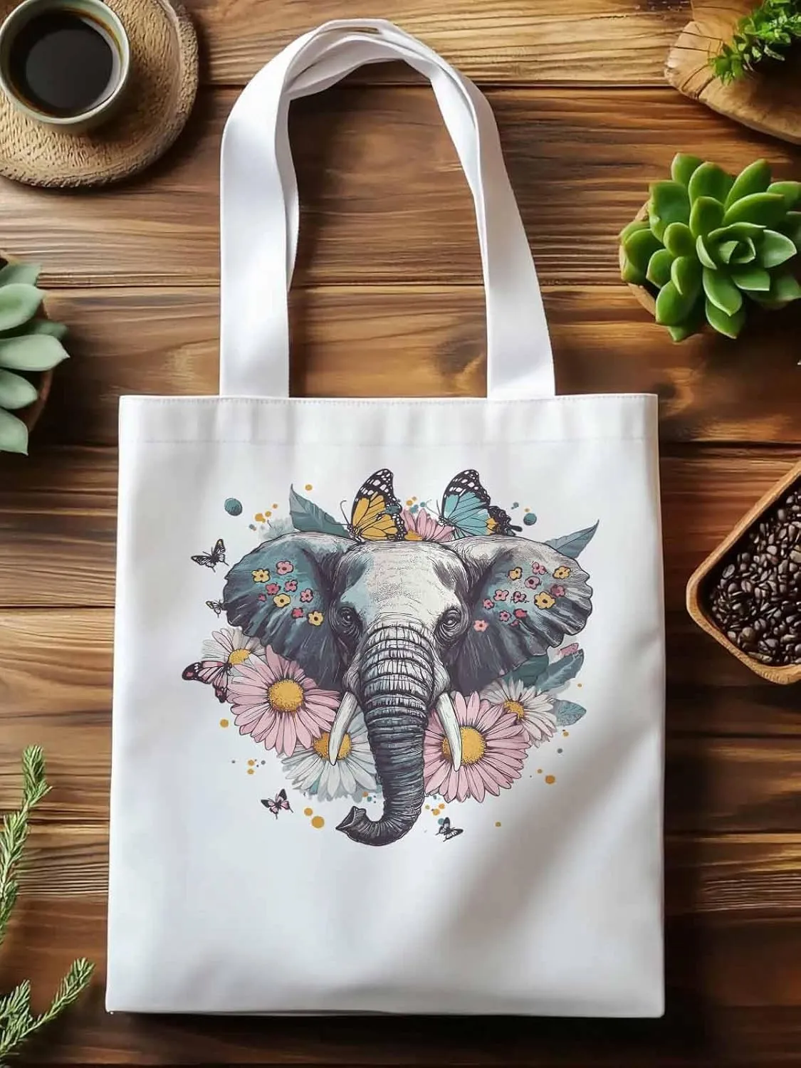 Canvas Tote Bag, Vintage Elephant Daisy Butterfly Aesthetic Canvas Tote Handbags for Women Shoulder Bag
