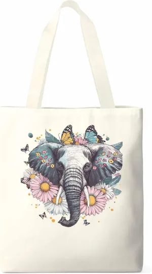 Canvas Tote Bag, Vintage Elephant Daisy Butterfly Aesthetic Canvas Tote Handbags for Women Shoulder Bag