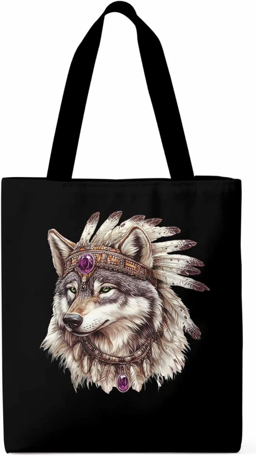 Canvas Tote Bag, Vintage Indian Wolf Print Aesthetic Canvas Tote Handbags for Women Shoulder Bag,