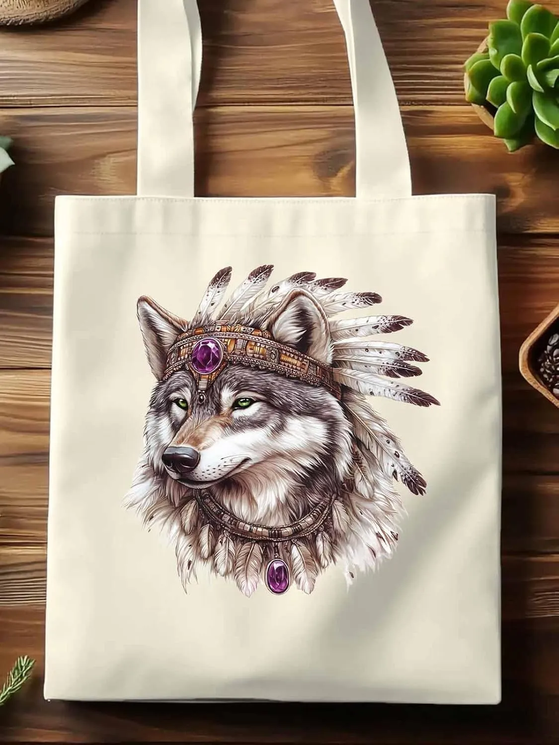 Canvas Tote Bag, Vintage Indian Wolf Print Aesthetic Canvas Tote Handbags for Women Shoulder Bag,