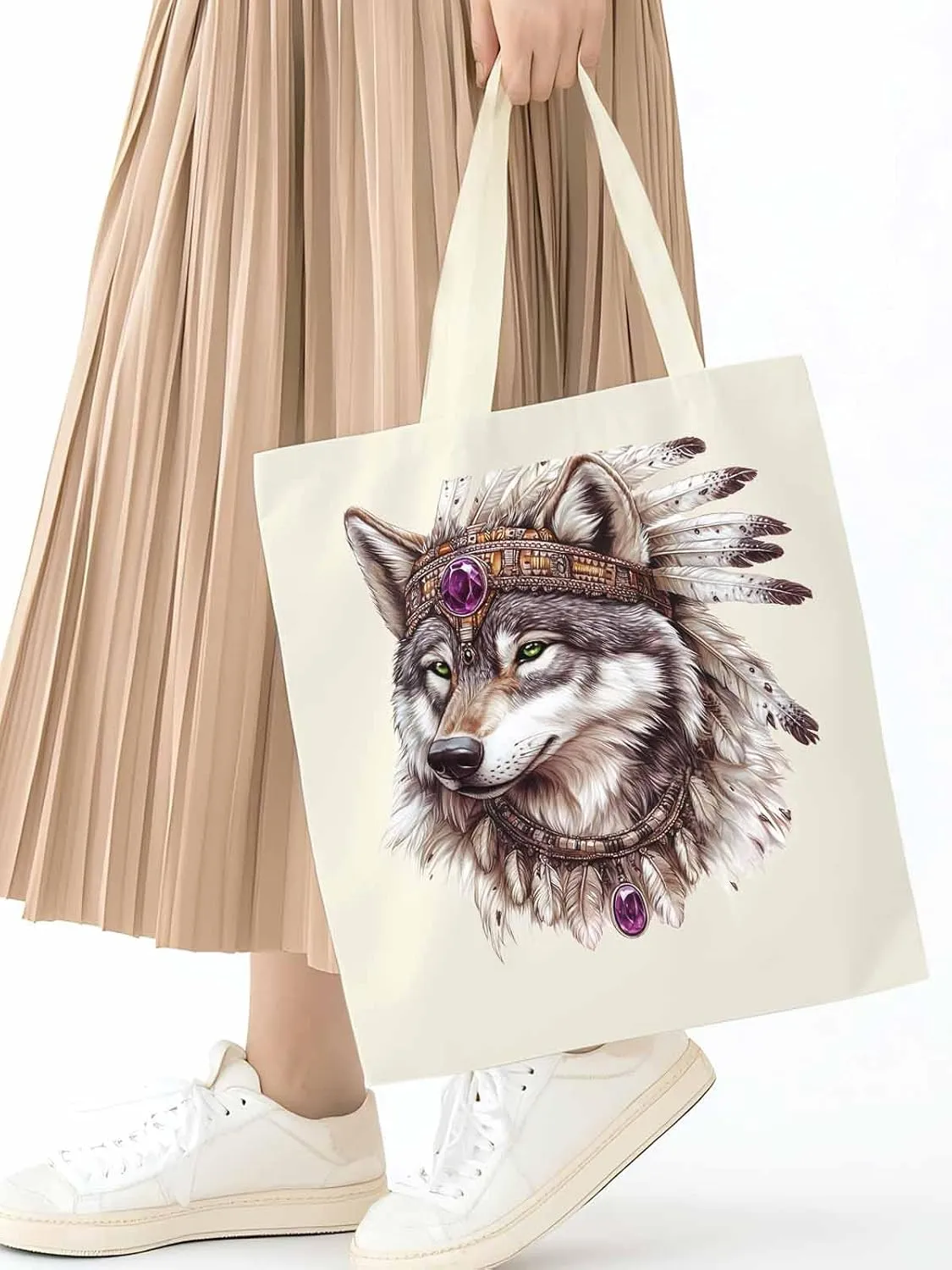 Canvas Tote Bag, Vintage Indian Wolf Print Aesthetic Canvas Tote Handbags for Women Shoulder Bag,