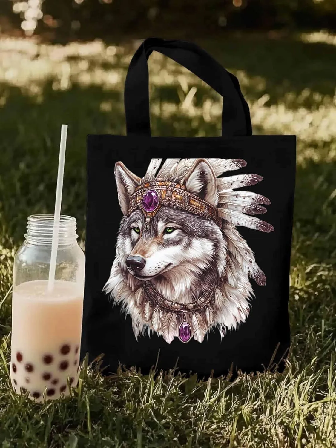 Canvas Tote Bag, Vintage Indian Wolf Print Aesthetic Canvas Tote Handbags for Women Shoulder Bag,