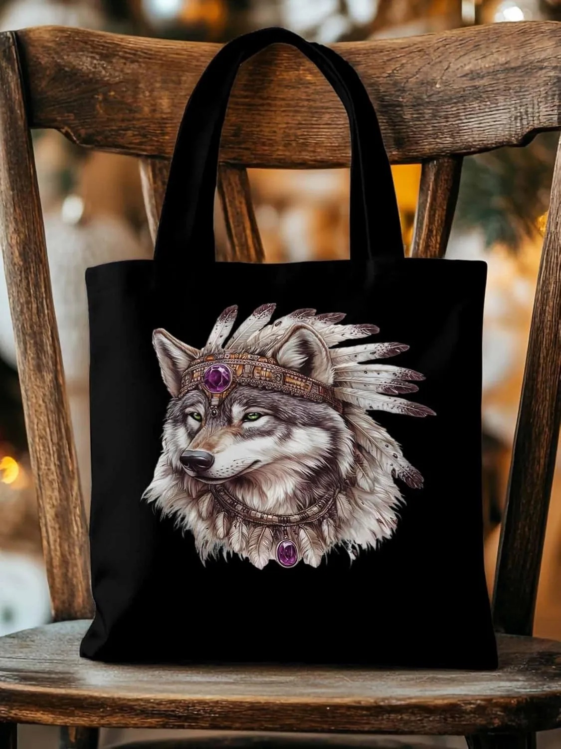 Canvas Tote Bag, Vintage Indian Wolf Print Aesthetic Canvas Tote Handbags for Women Shoulder Bag,