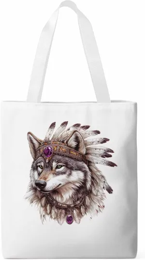 Canvas Tote Bag, Vintage Indian Wolf Print Aesthetic Canvas Tote Handbags for Women Shoulder Bag,