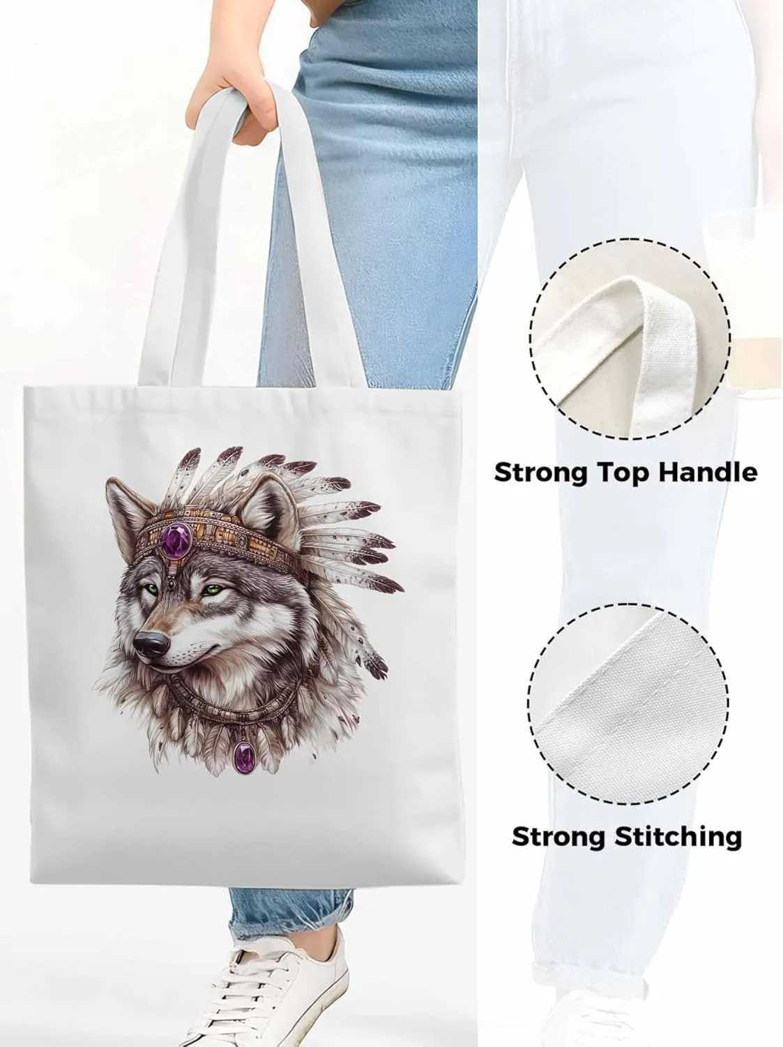 Canvas Tote Bag, Vintage Indian Wolf Print Aesthetic Canvas Tote Handbags for Women Shoulder Bag,