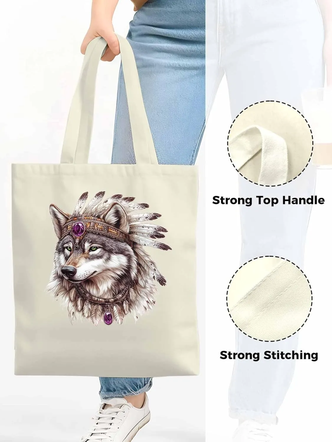 Canvas Tote Bag, Vintage Indian Wolf Print Aesthetic Canvas Tote Handbags for Women Shoulder Bag,
