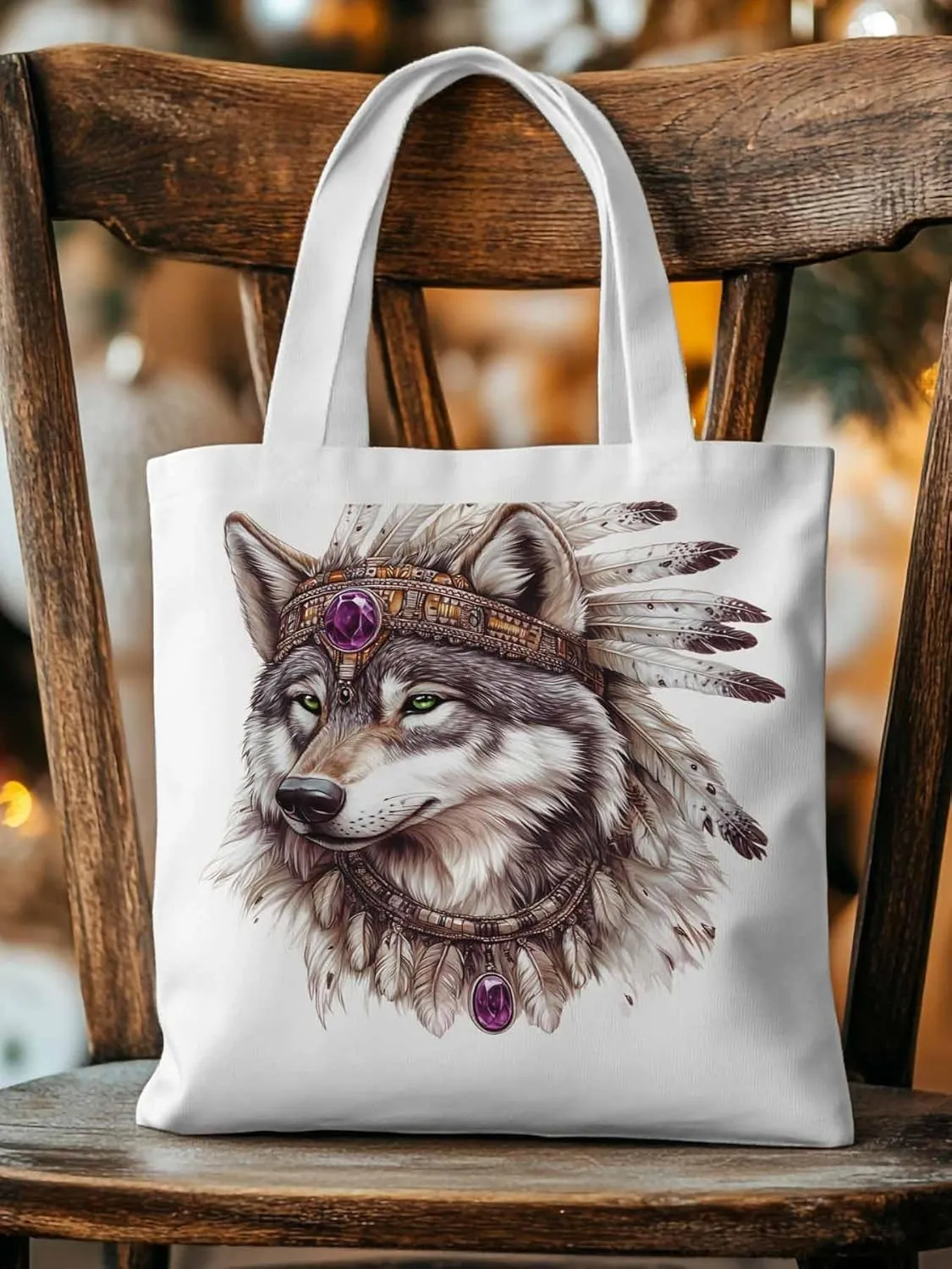 Canvas Tote Bag, Vintage Indian Wolf Print Aesthetic Canvas Tote Handbags for Women Shoulder Bag,