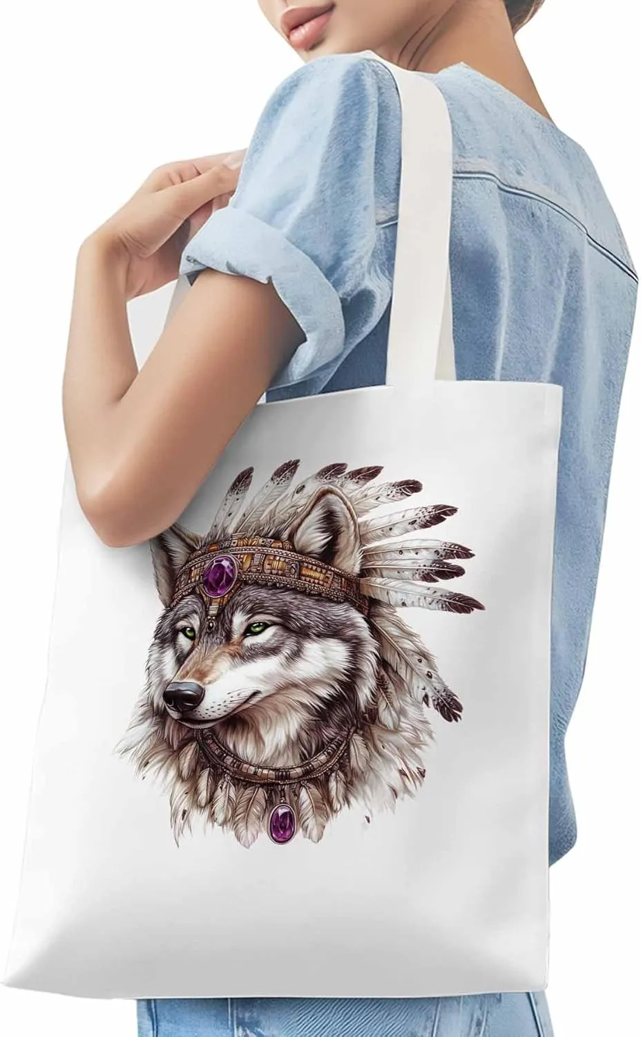 Canvas Tote Bag, Vintage Indian Wolf Print Aesthetic Canvas Tote Handbags for Women Shoulder Bag,