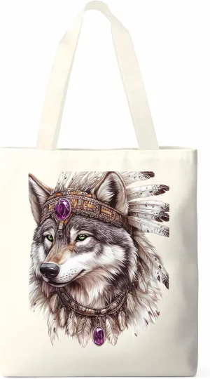 Canvas Tote Bag, Vintage Indian Wolf Print Aesthetic Canvas Tote Handbags for Women Shoulder Bag,